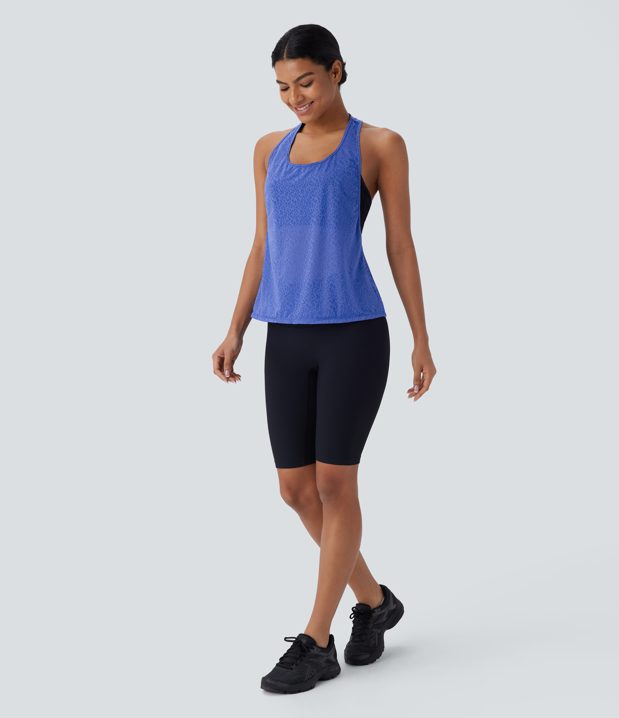 Halara Sheer Racerback Leopard Jacquard Training Tank Top Tank Top - Amparo Blue - XS golf tops halter top tunic tops sleeveless tops 