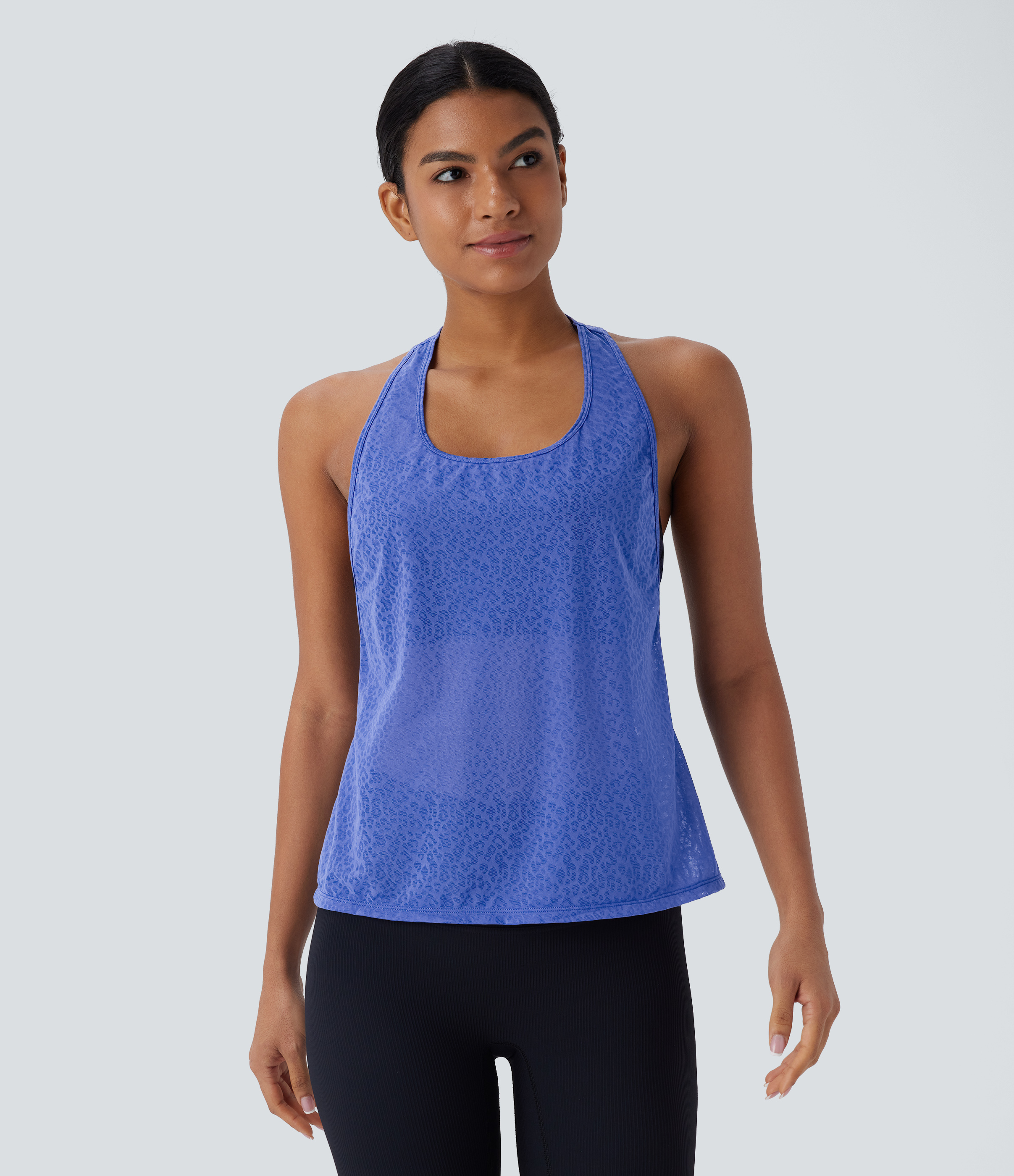 Halara Sheer Racerback Leopard Jacquard Training Tank Top Tank Top - Amparo Blue - XS golf tops halter top tunic tops sleeveless tops 