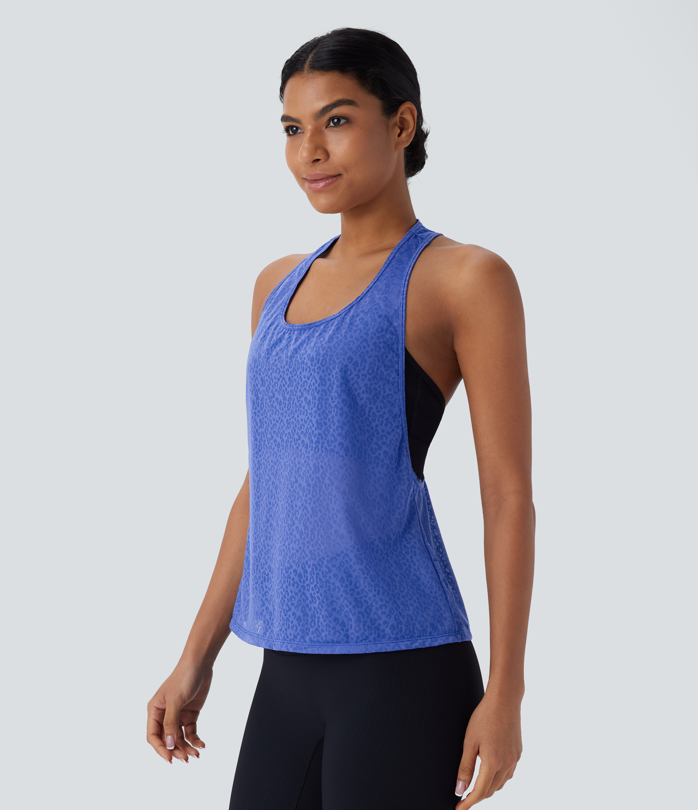 Halara Sheer Racerback Leopard Jacquard Training Tank Top Tank Top - Amparo Blue - XS golf tops halter top tunic tops sleeveless tops 
