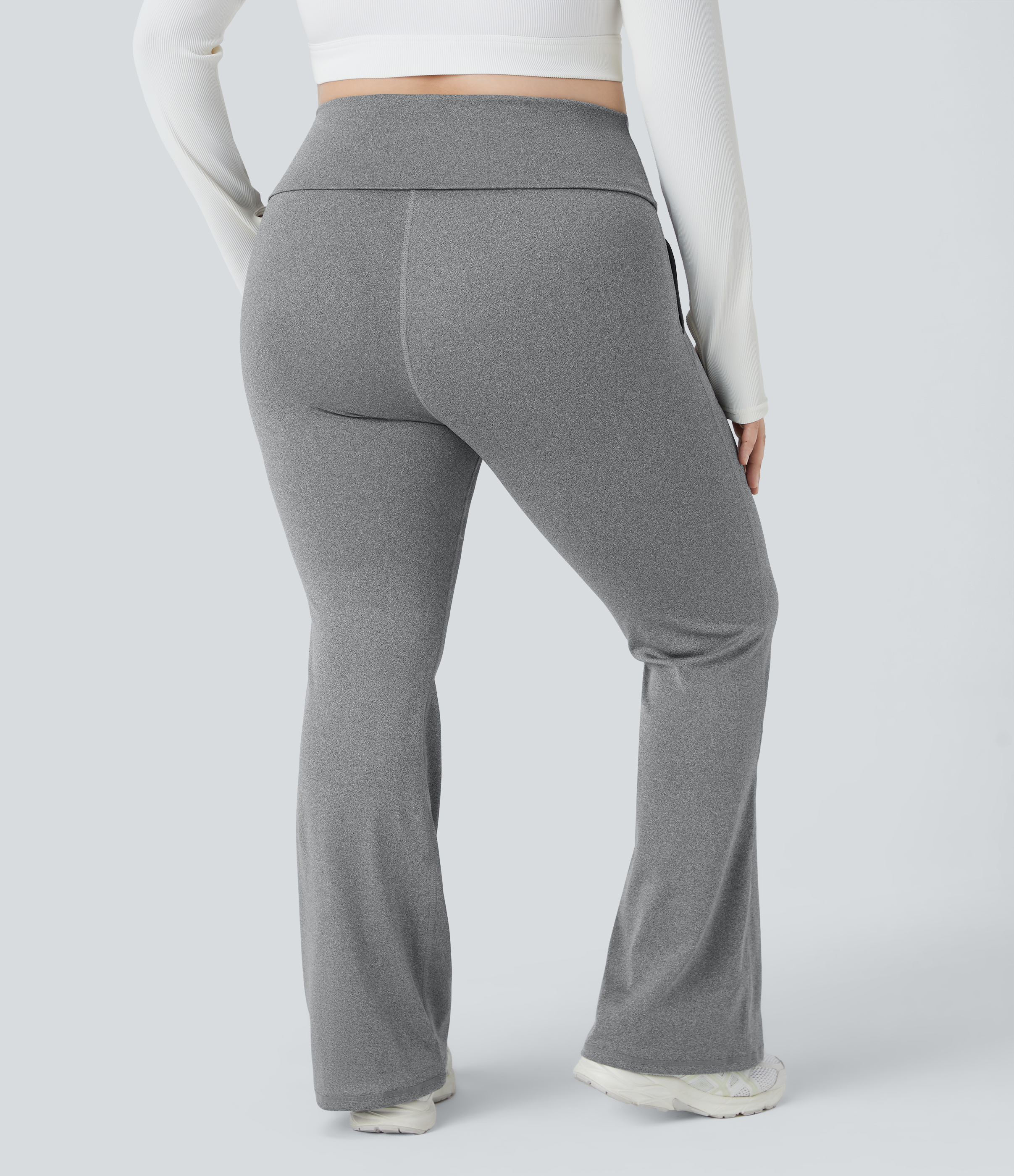 Halara Super High Waisted Foldover Pocket Full Length Flare Plus Size Leggings  - Mottled Light Grey - 1X 