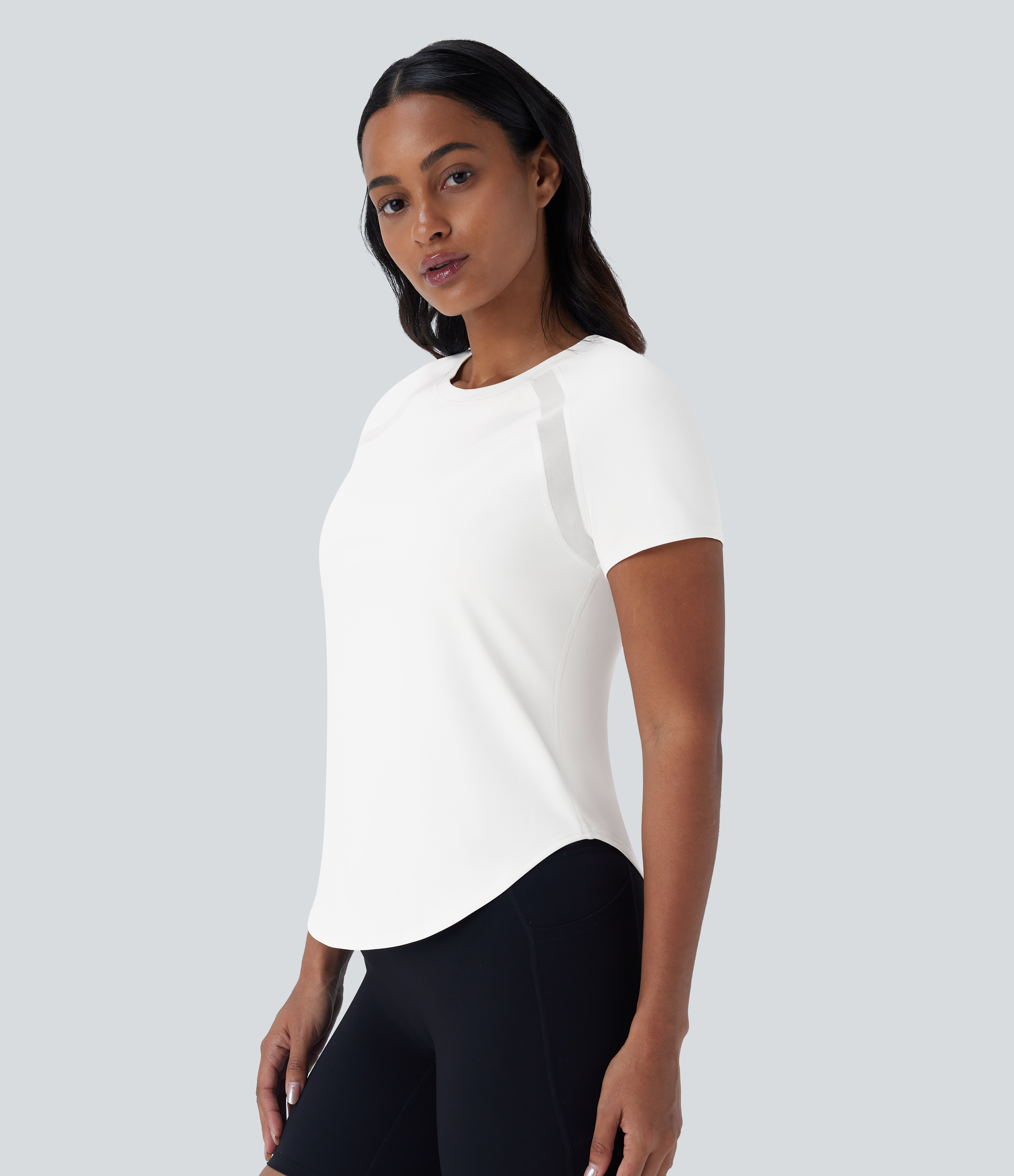 Halara Softlyzeroв„ў QuickDry Round Neck Short Sleeve Contrast Mesh Curved Hem Quick Dry Running Sports Top  - White - XL 