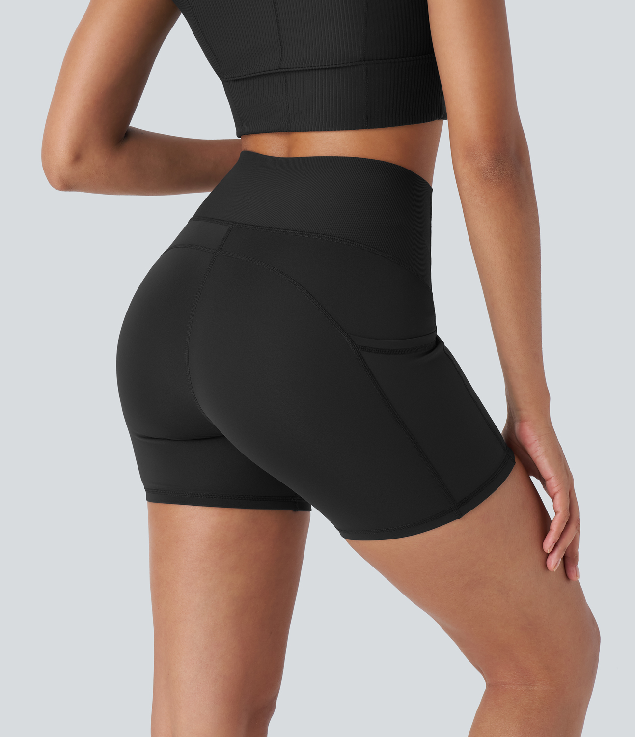 Halara SpeedWaveв„ў High Waisted Side Pockets Contrast Ribbed Quick Dry Workout Biker Shorts 5`` Gym Short - Black - XL booty shorts 