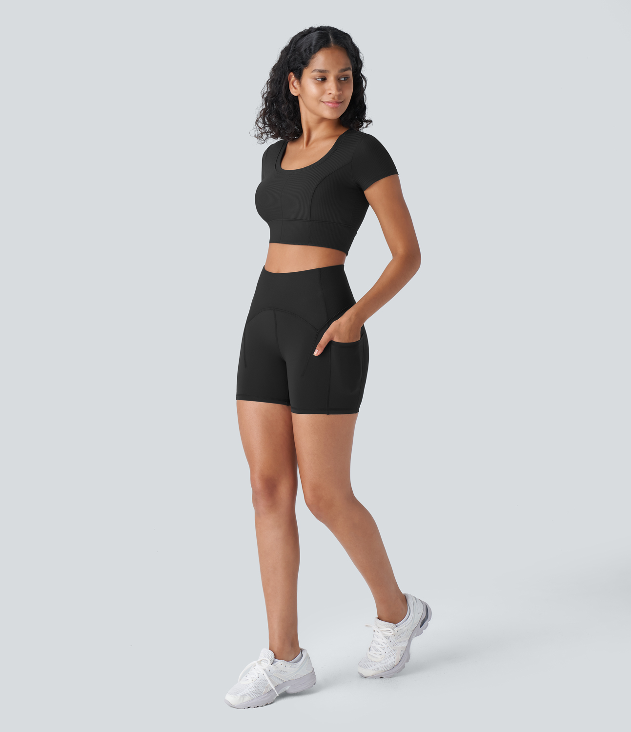 Halara SpeedWaveв„ў High Waisted Side Pockets Contrast Ribbed Quick Dry Workout Biker Shorts 5`` Gym Short - Black - XL booty shorts 