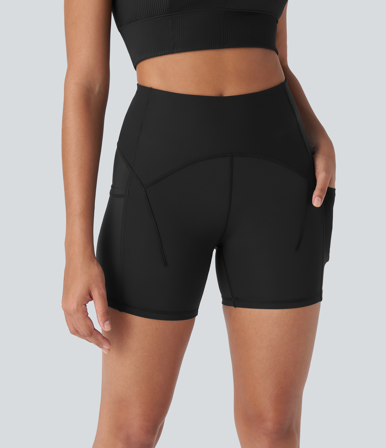 Halara SpeedWaveв„ў High Waisted Side Pockets Contrast Ribbed Quick Dry Workout Biker Shorts 5`` Gym Short - Black - XL booty shorts 