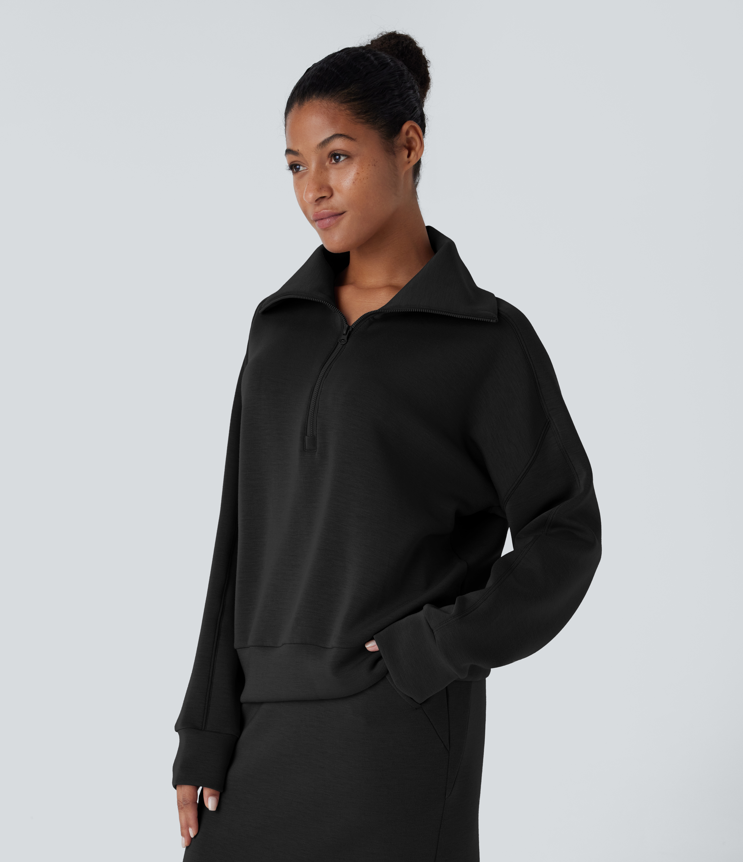 Halara SpacerTekв„ў Funnel Neck Half zipper Raglan Sleeve Relax Casual Sweatshirt  - Black - M 
