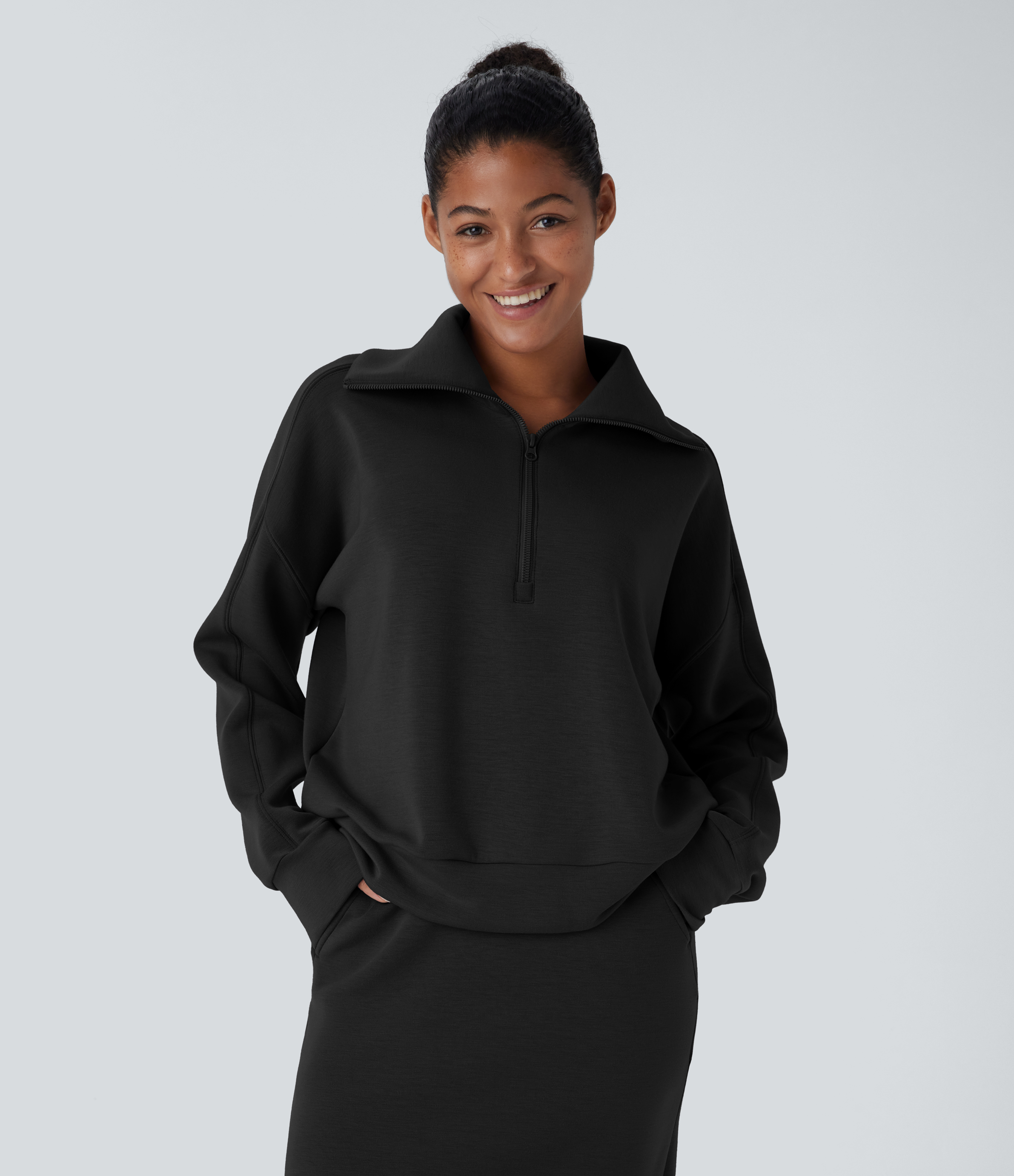 Halara SpacerTekв„ў Funnel Neck Half zipper Raglan Sleeve Relax Casual Sweatshirt  - Black - M 