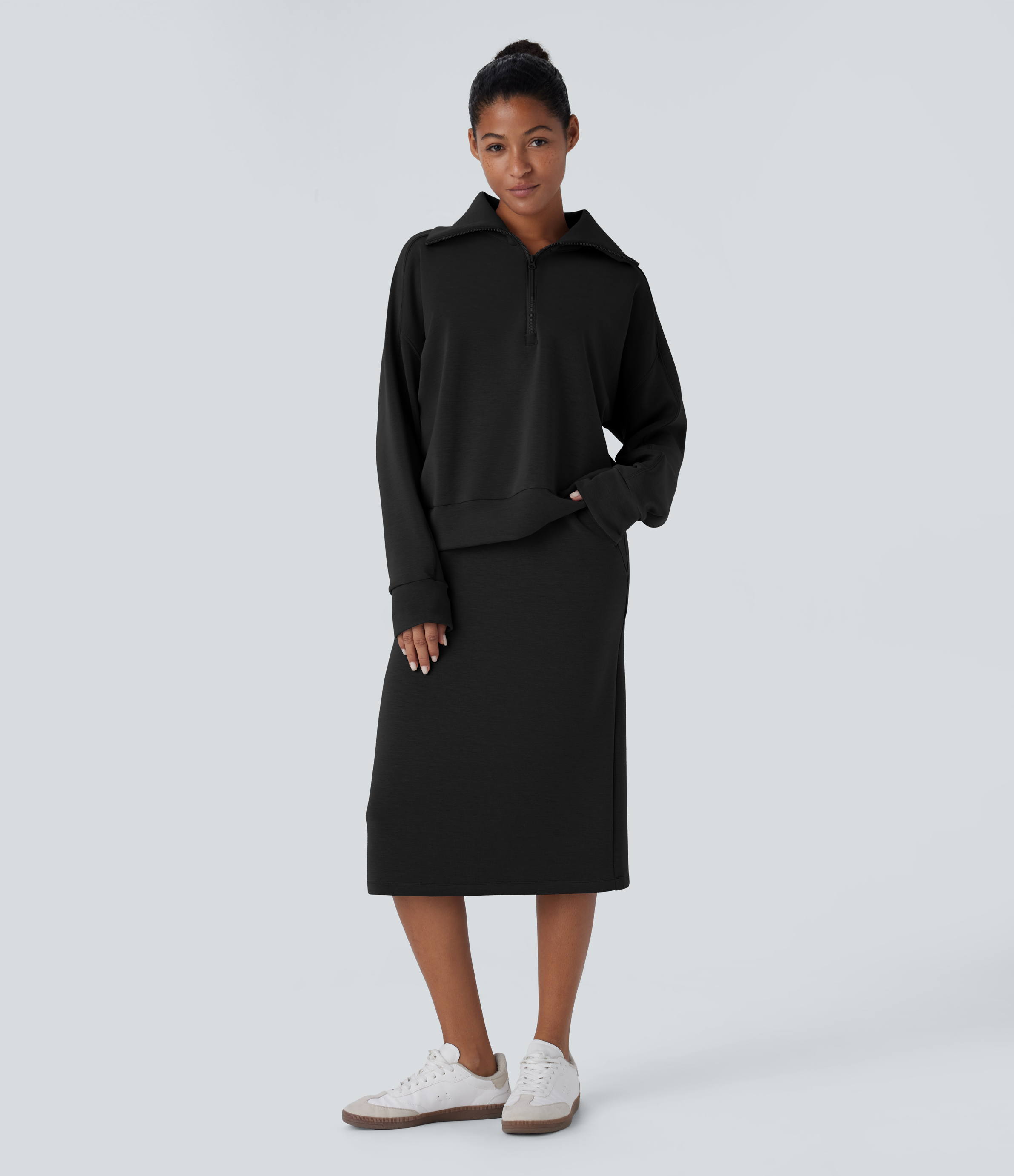 Halara SpacerTekв„ў Funnel Neck Half zipper Raglan Sleeve Relax Casual Sweatshirt  - Black - M 