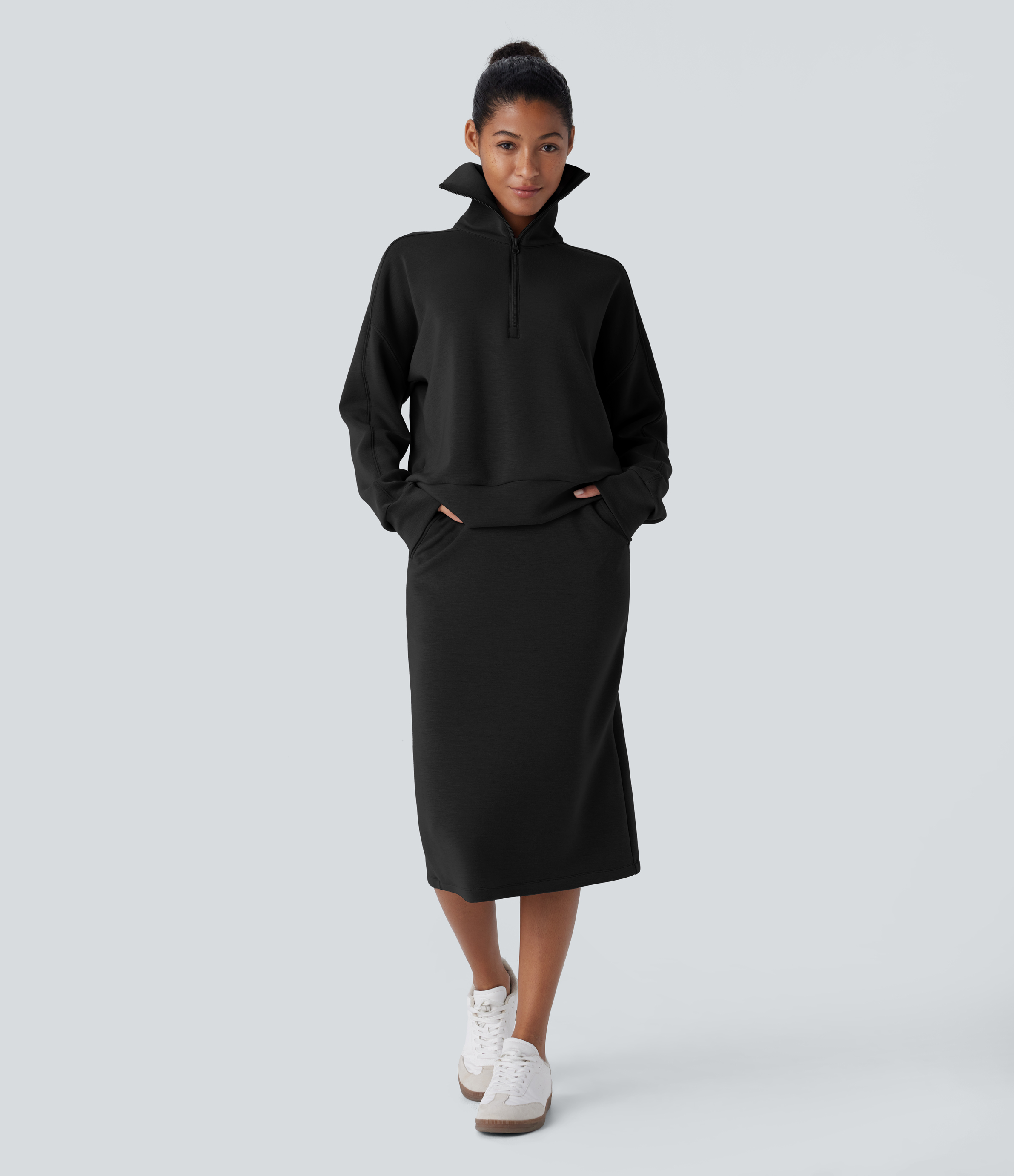 Halara SpacerTekв„ў Funnel Neck Half zipper Raglan Sleeve Relax Casual Sweatshirt  - Black - M 