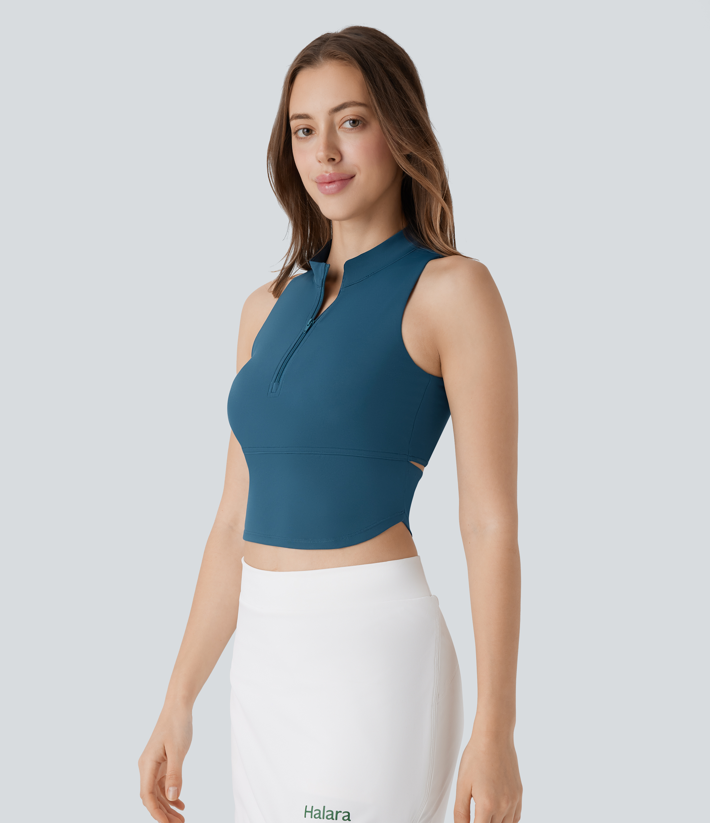 Halara Softlyzeroв„ў QuickDry Stand Collar Zipper Cut Out Curved Hem Skinny Cropped Golf Tank Top Tank Top - Dragonfly - L golf tops halter top 