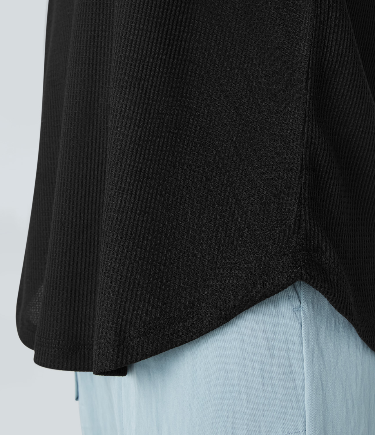 Halara V Neck Dropped Shoulder Curved Hem Relaxed Waffle Casual T-Shirt  - Black - XL 