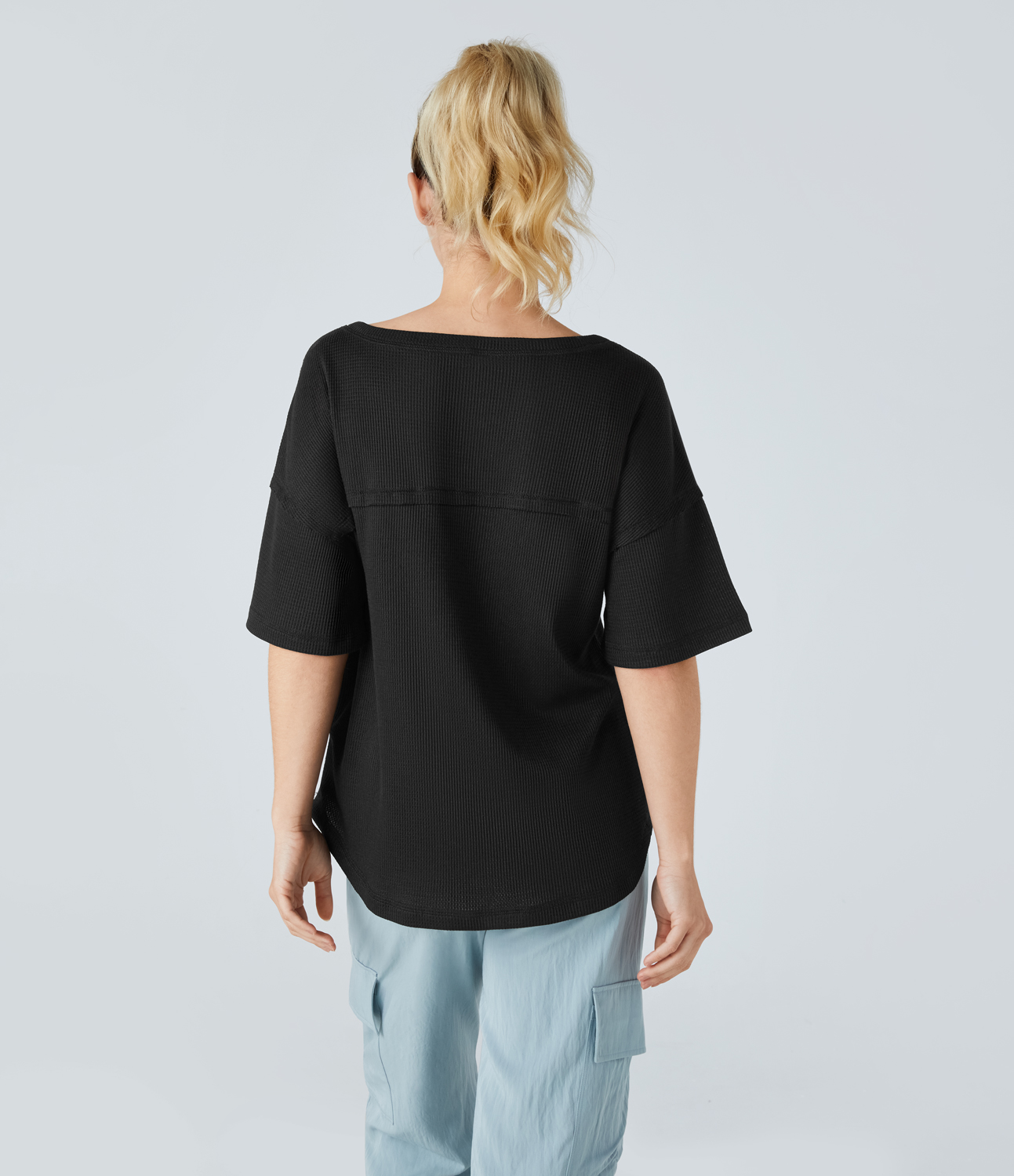 Halara V Neck Dropped Shoulder Curved Hem Relaxed Waffle Casual T-Shirt  - Black - XL 