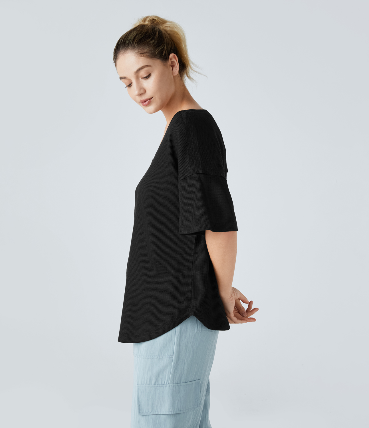 Halara V Neck Dropped Shoulder Curved Hem Relaxed Waffle Casual T-Shirt  - Black - XL 