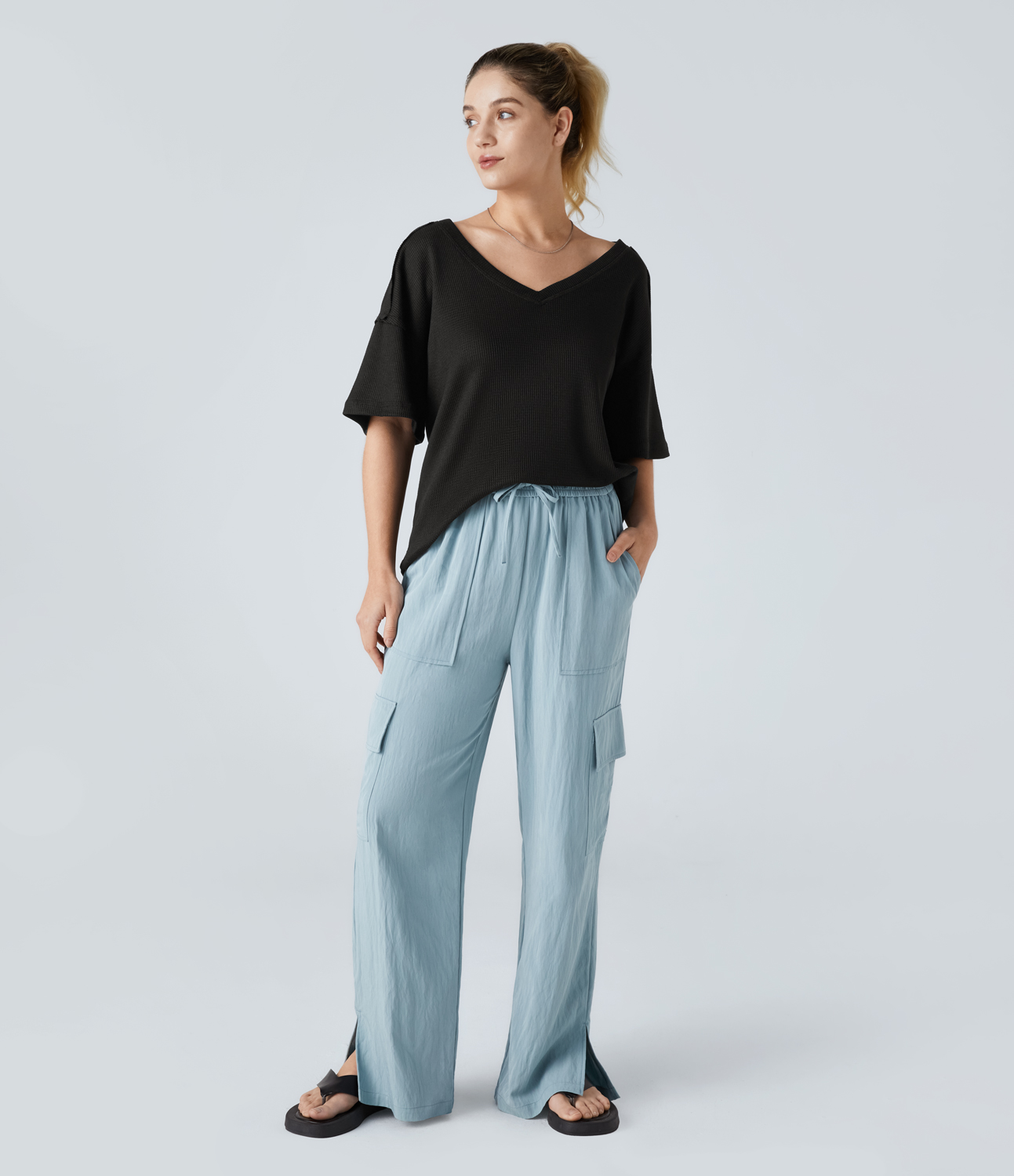Halara V Neck Dropped Shoulder Curved Hem Relaxed Waffle Casual T-Shirt  - Black - XL 
