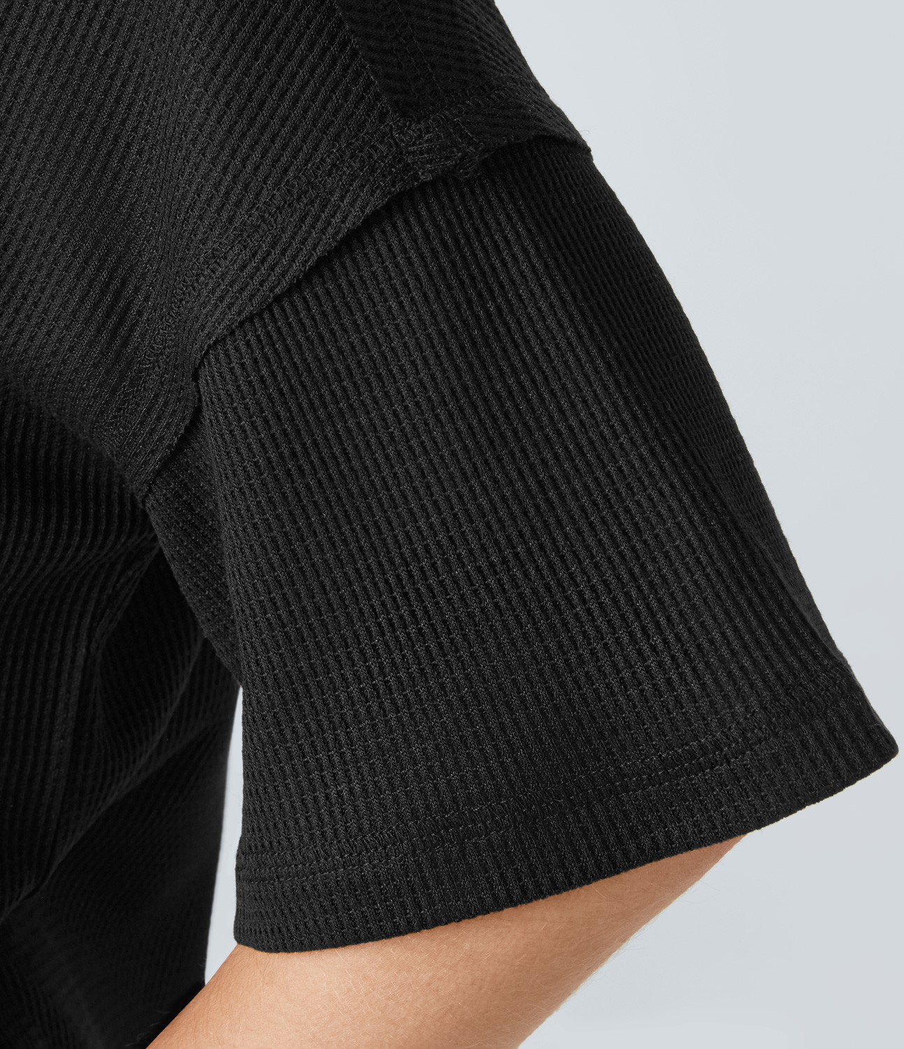 Halara V Neck Dropped Shoulder Curved Hem Relaxed Waffle Casual T-Shirt  - Black - XL 