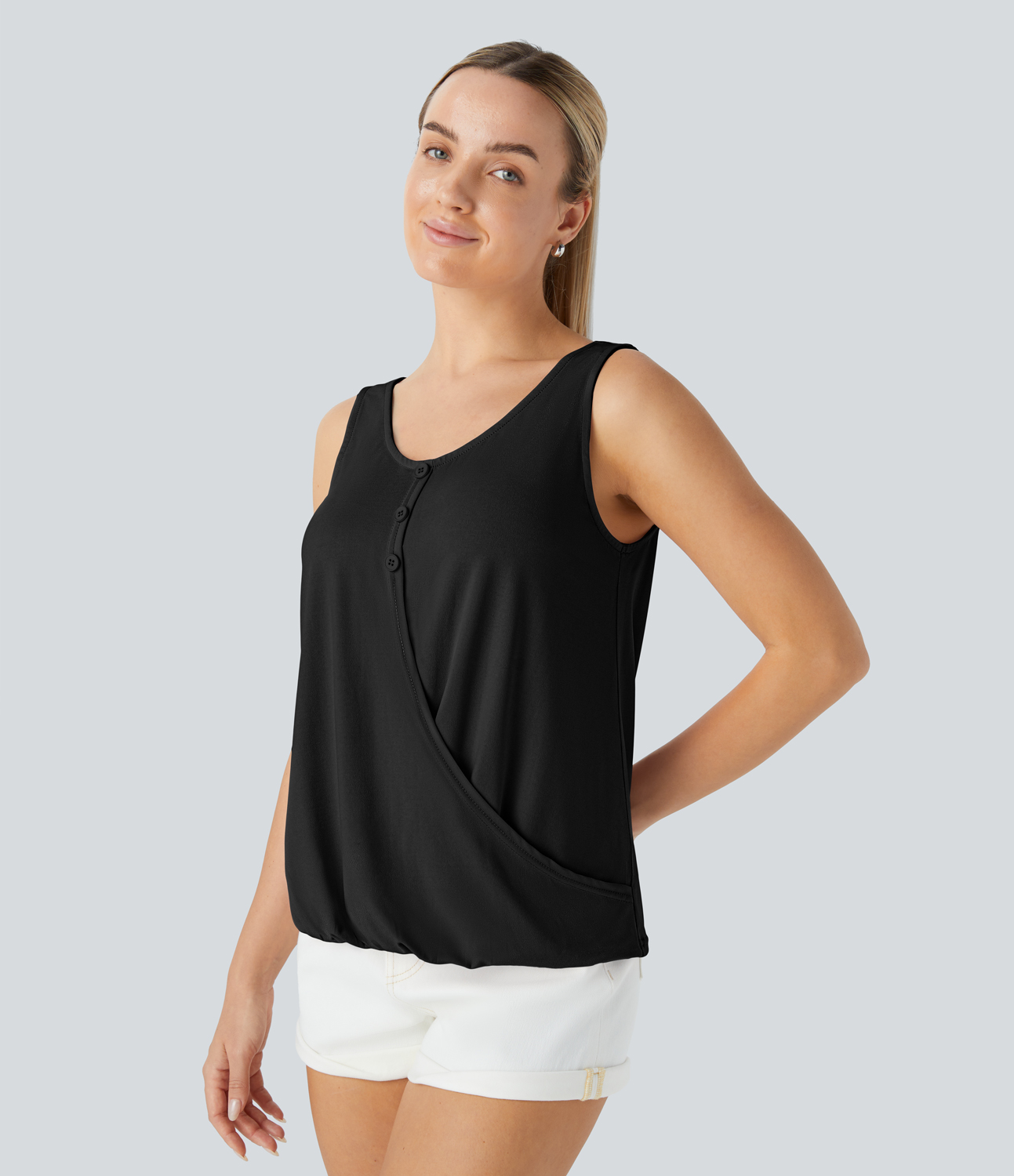 Halara Decorative Button Crossover Hem Solid Casual Tank Top Tank Top - Black - S golf tops halter top tunic tops sleeveless tops 
