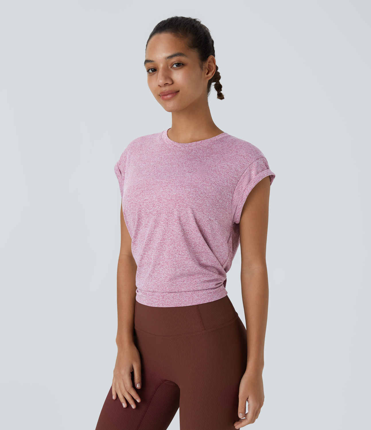 Halara Cap Sleeve Cut Out Split Hem Tie Back Sports Top  - Ash Pink - M 