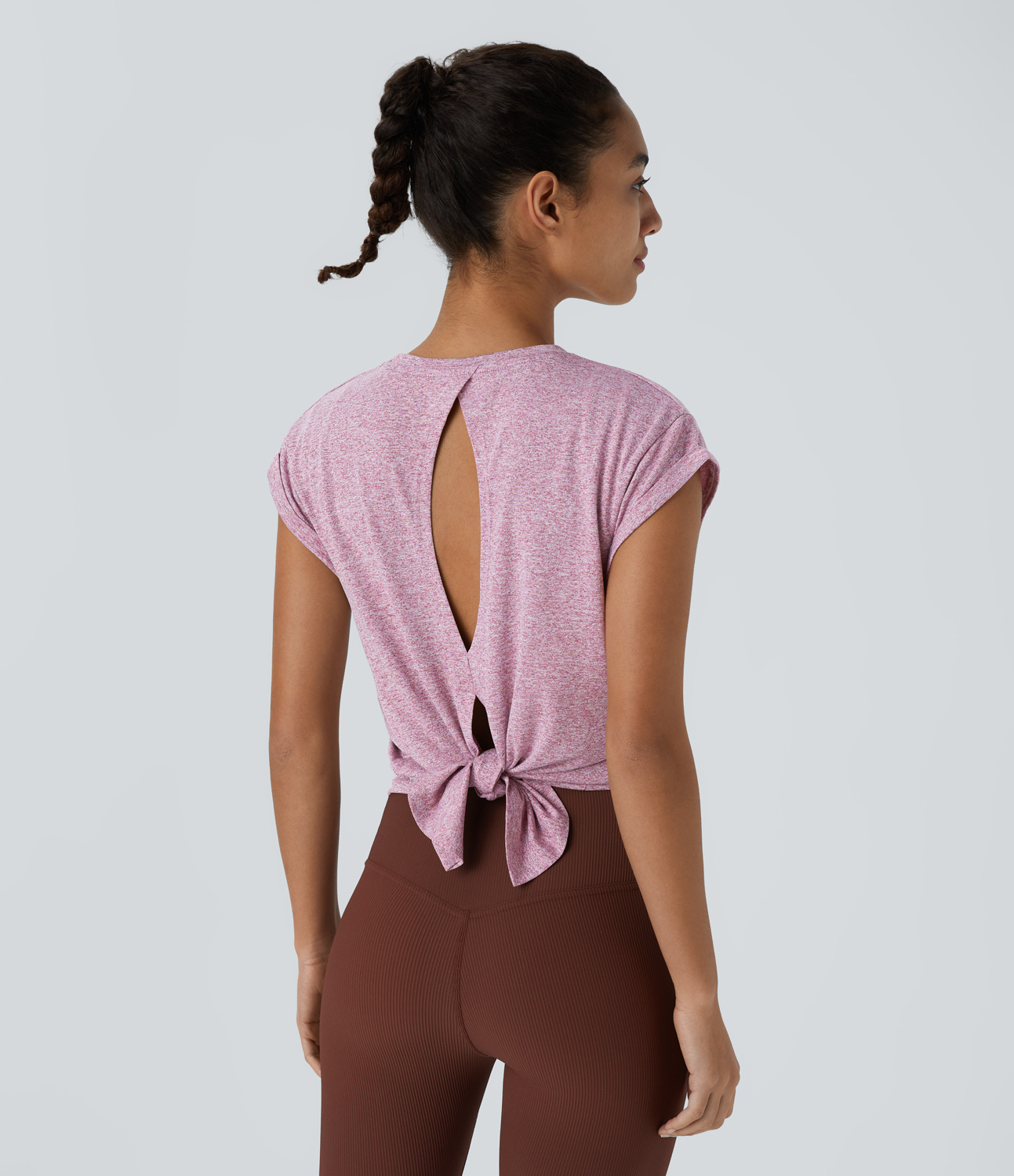 Halara Cap Sleeve Cut Out Split Hem Tie Back Sports Top  - Ash Pink - M 