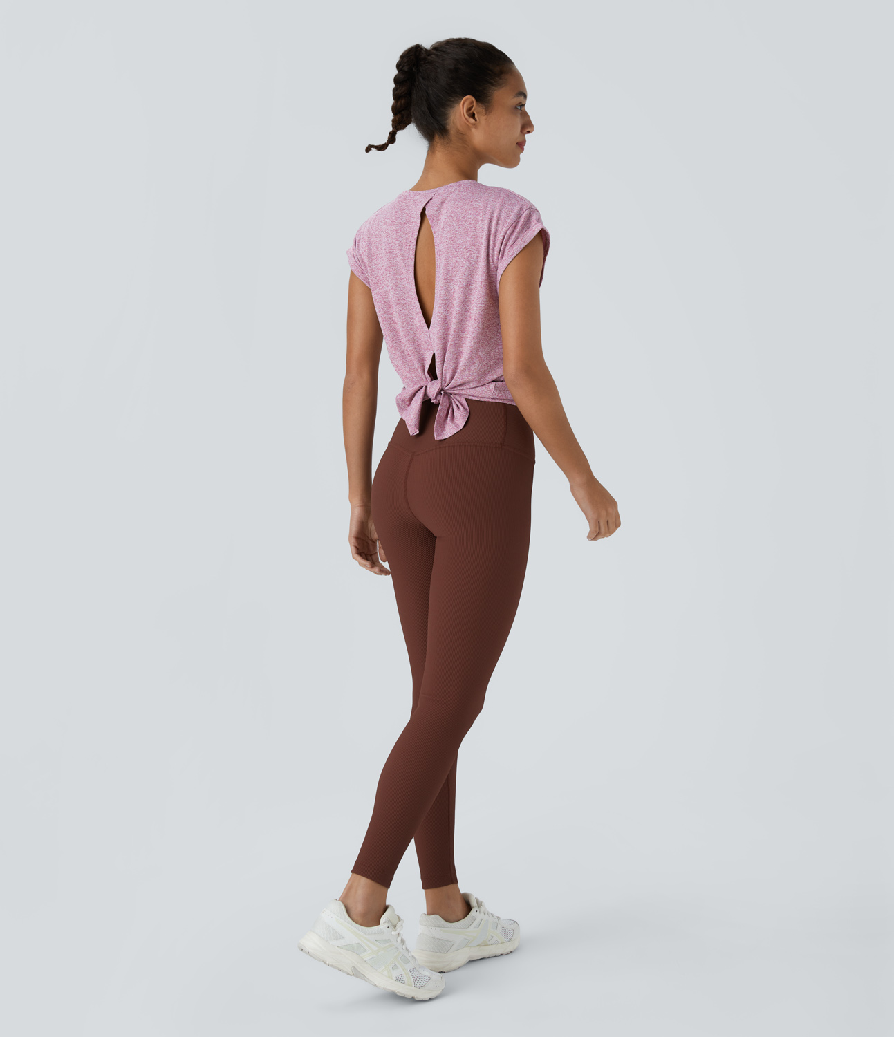 Halara Cap Sleeve Cut Out Split Hem Tie Back Sports Top  - Ash Pink - M 