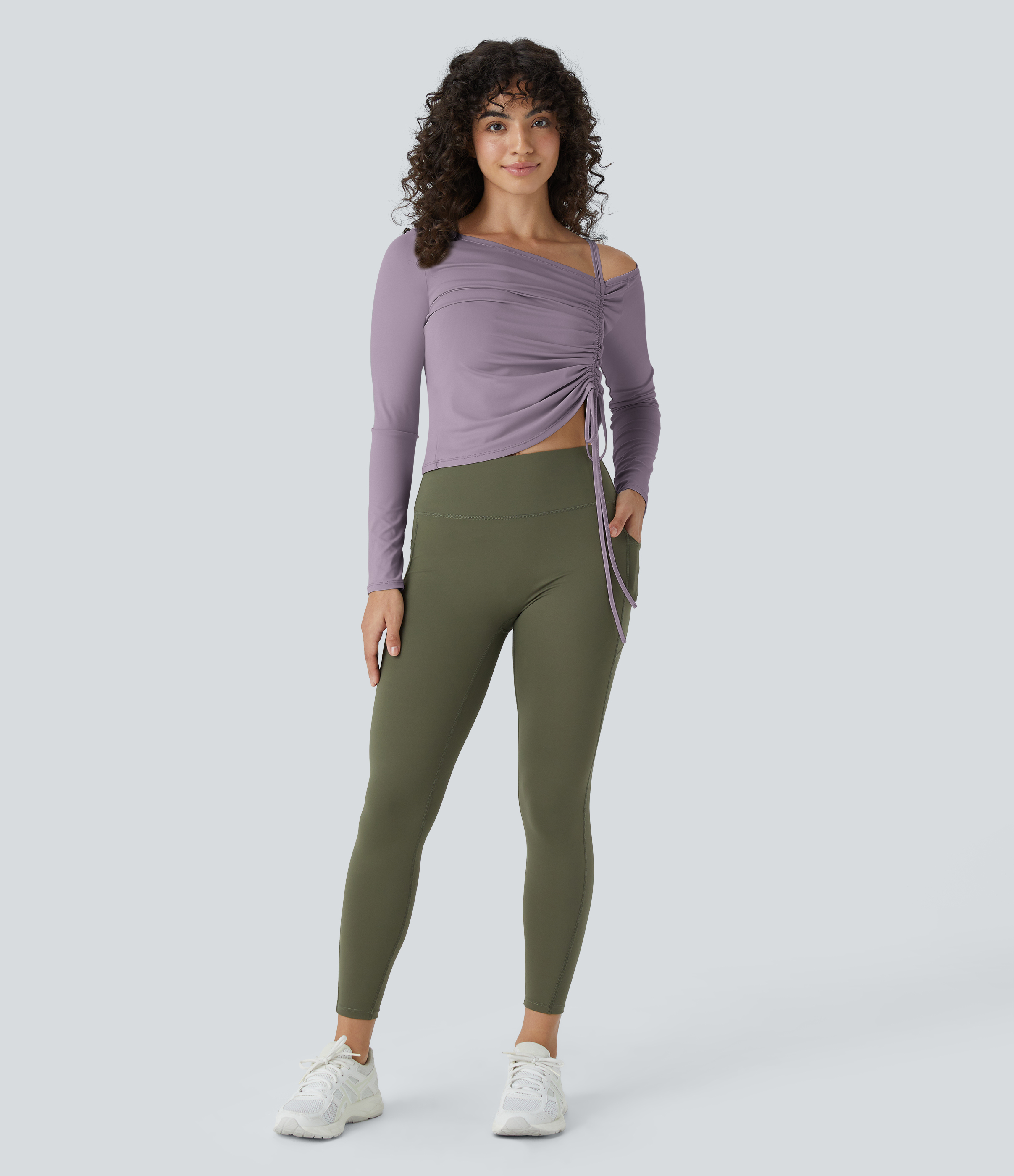 Halara Off Shoulder Ruched Drawstring Cropped Dance Sports Top  - Nirvana - M 
