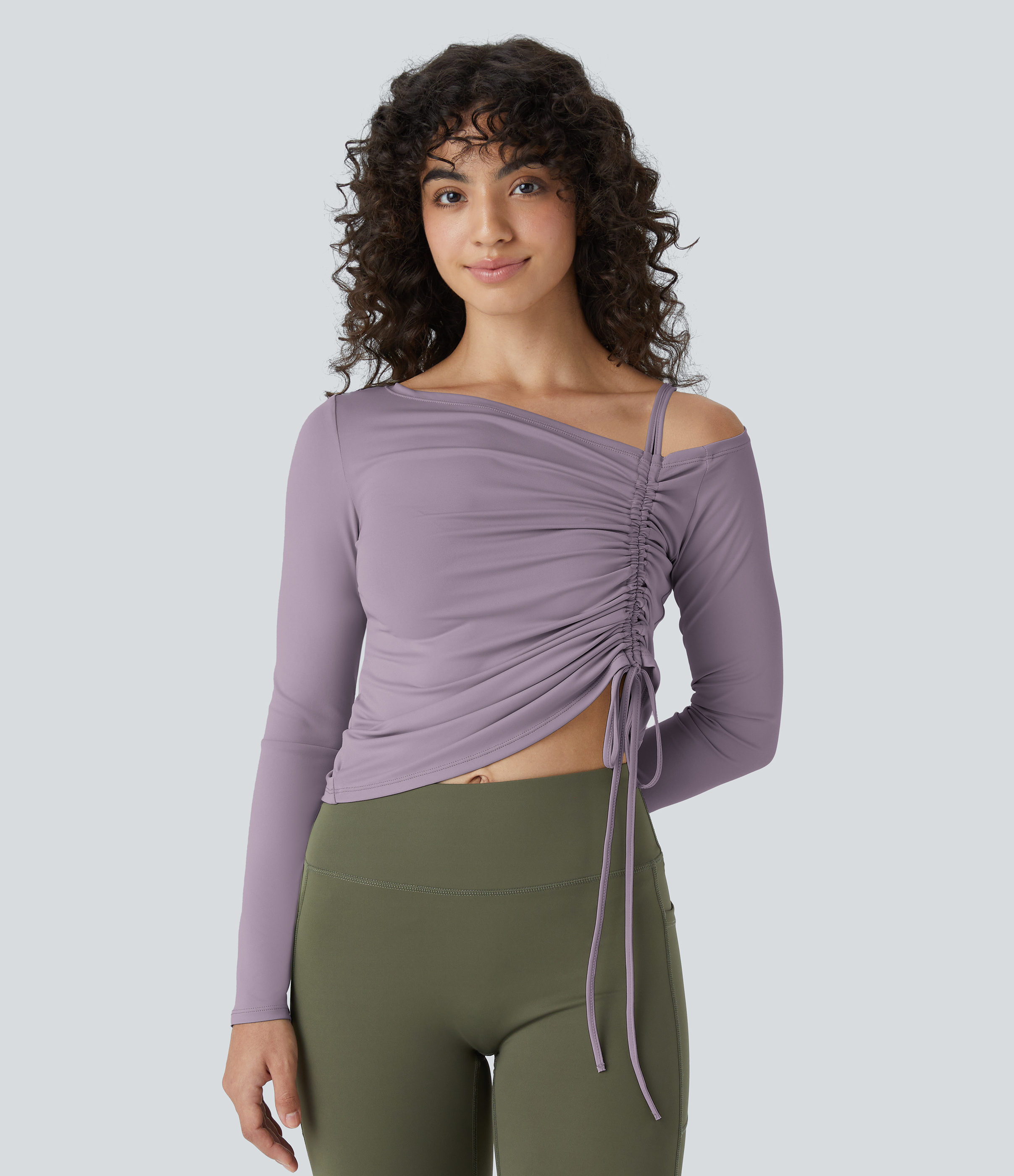 Halara Off Shoulder Ruched Drawstring Cropped Dance Sports Top  - Nirvana - M 
