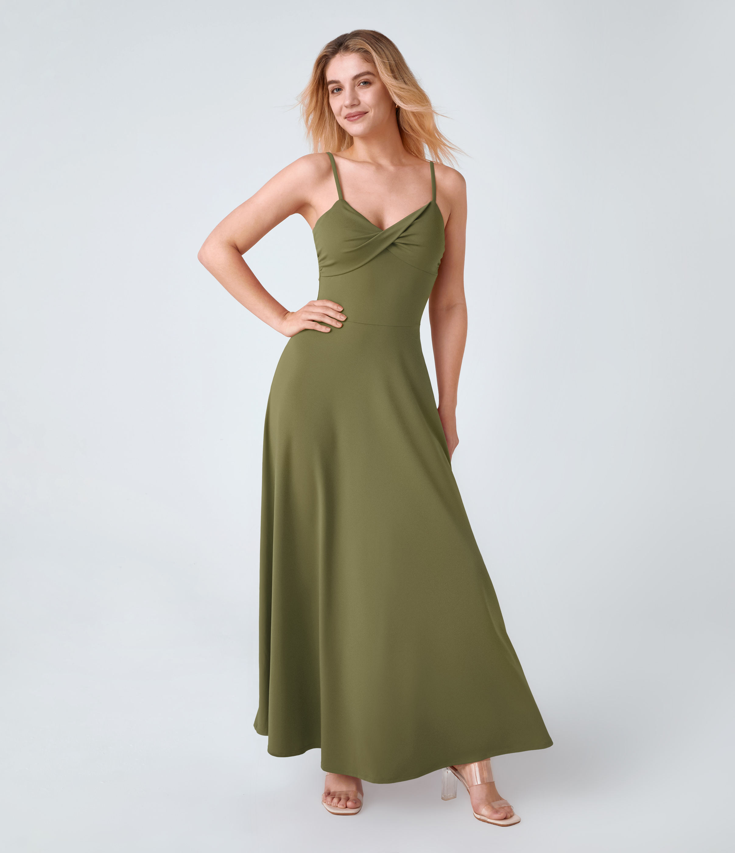 Halara Adjustable Strap U Back Backless Twisted Flare Flowy Maxi Slip Resort Dress - Capulet Olive - L