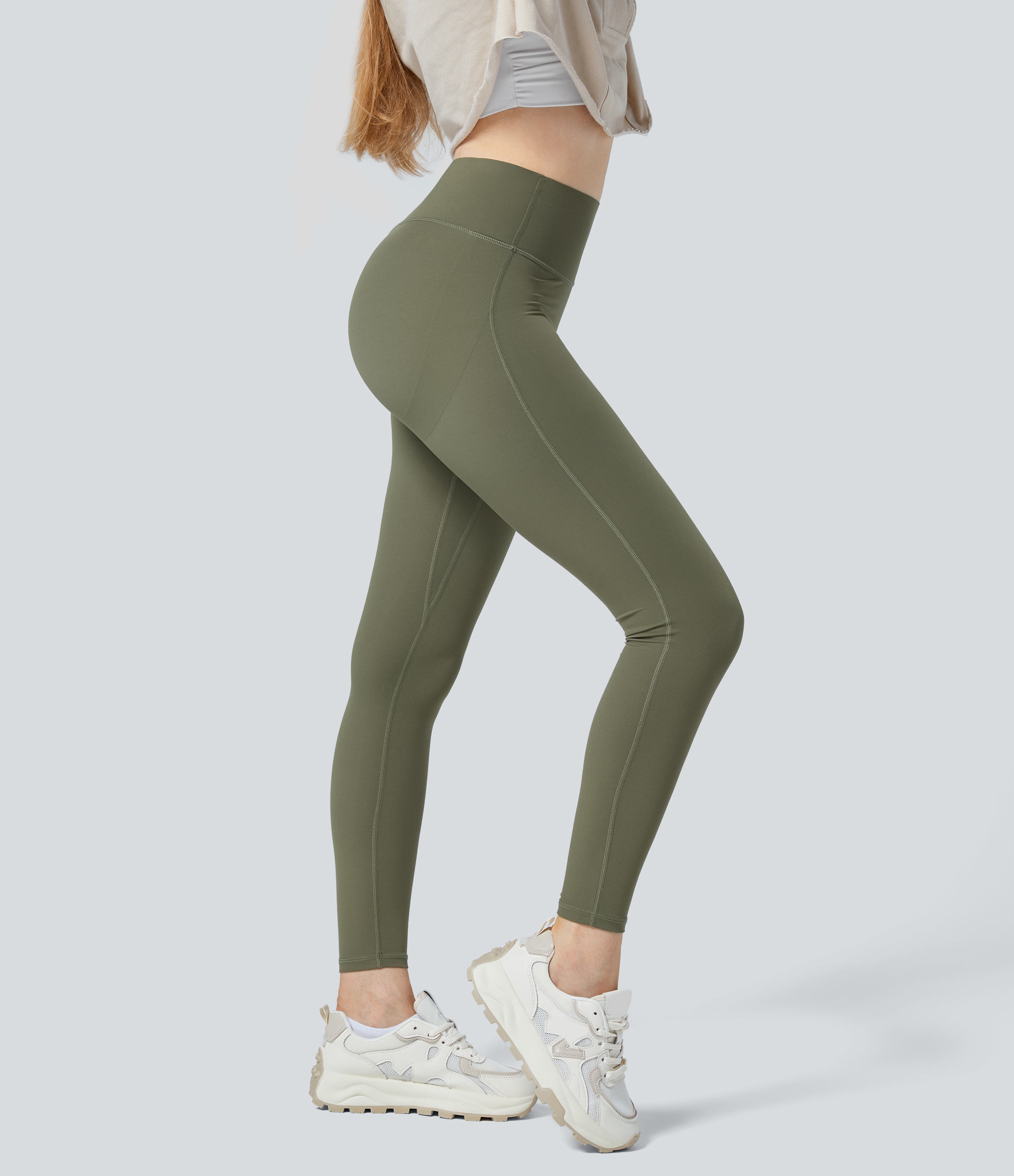 Halara UltraSculptв„ў High Waisted Ruched Tummy Control Butt Lifting Yoga 7/8 Leggings  - Grass Grey Green - XL(7/8) gym leggings 