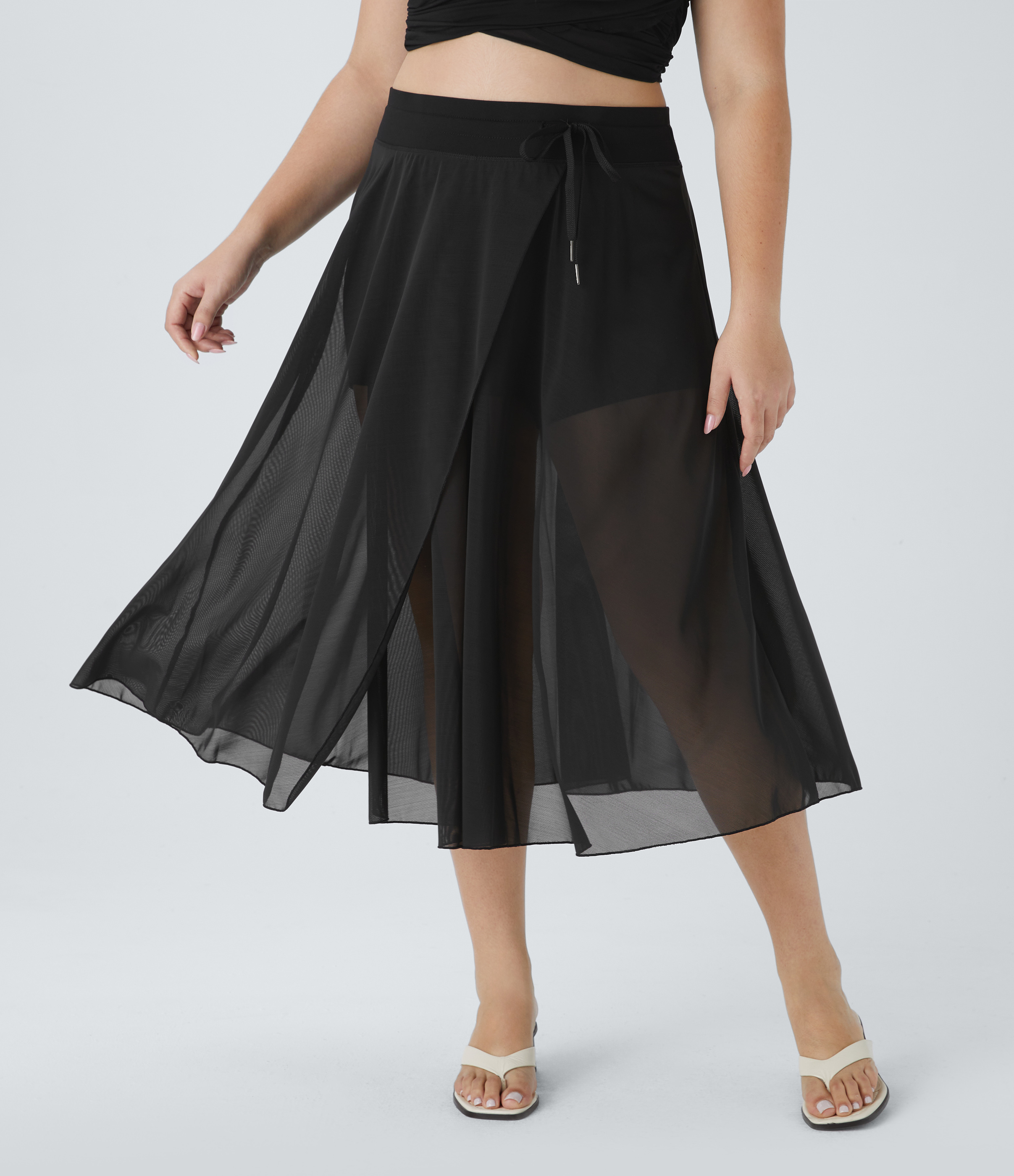 High Waisted Drawstring Contrast Mesh 2-in-1 Pocket Flowy Midi Flare Casual Plus Size Skirt