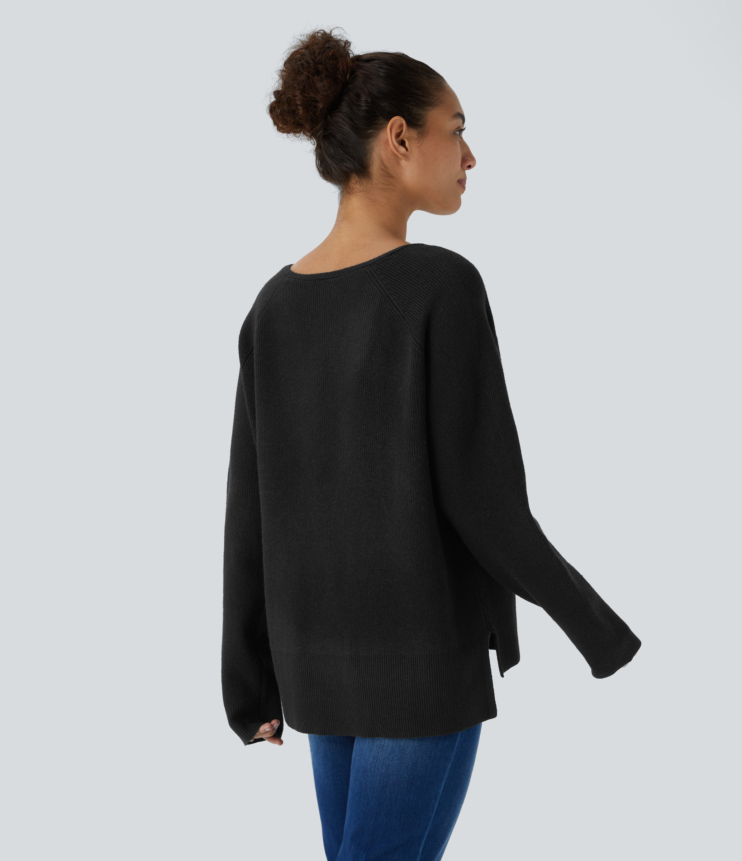 Halara V Neck Long Sleeve Split Casual Sweater  - Black - M 