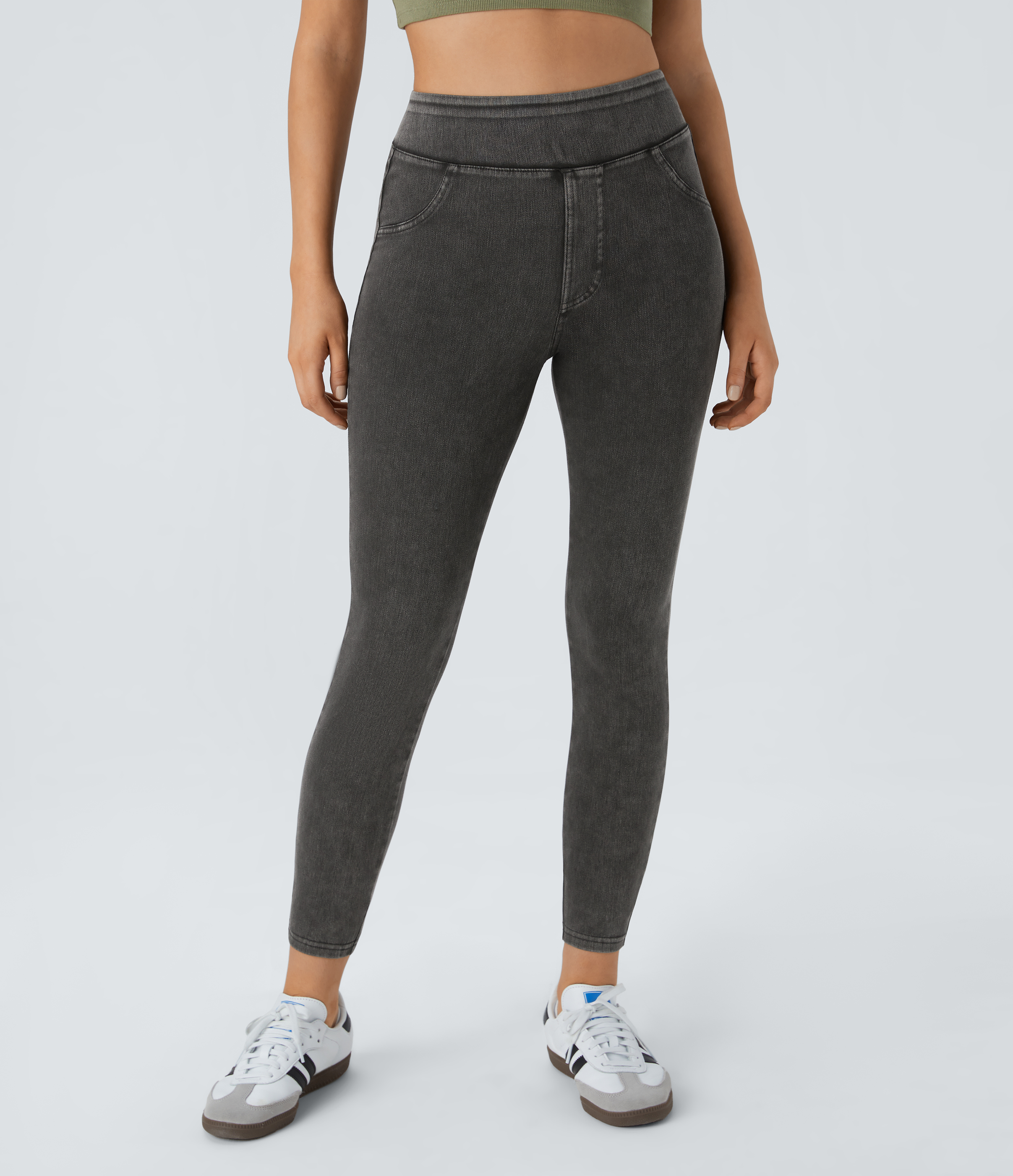 Halara HalaraMagicв„ў High Waisted Back Side Pocket Stretchy Knit Denim Casual Leggings  - Dark Grey Denim - XS(full_length) 