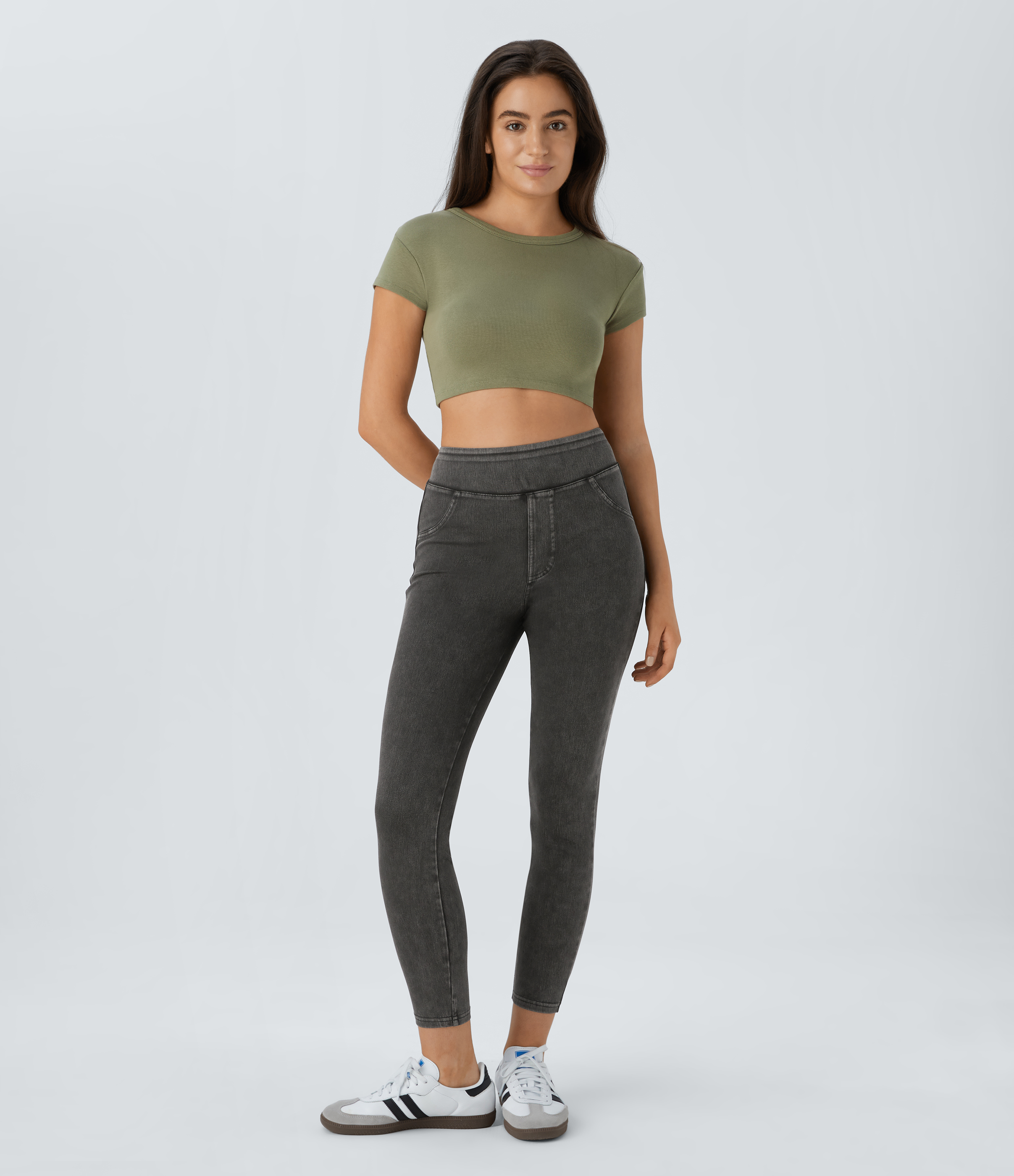 Halara HalaraMagicв„ў High Waisted Back Side Pocket Stretchy Knit Denim Casual Leggings  - Dark Grey Denim - XS(full_length) 