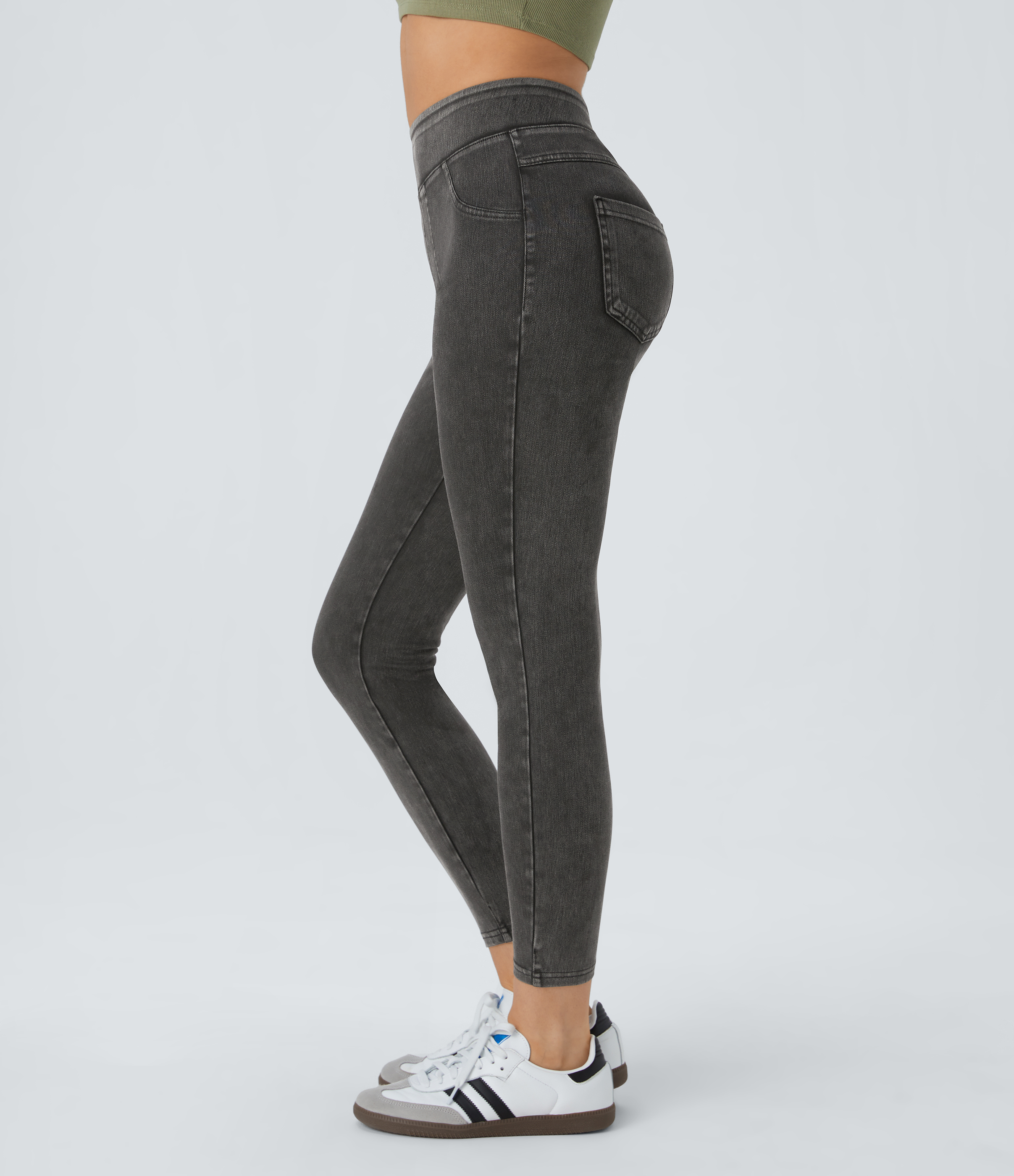 Halara HalaraMagicв„ў High Waisted Back Side Pocket Stretchy Knit Denim Casual Leggings  - Dark Grey Denim - XS(full_length) 