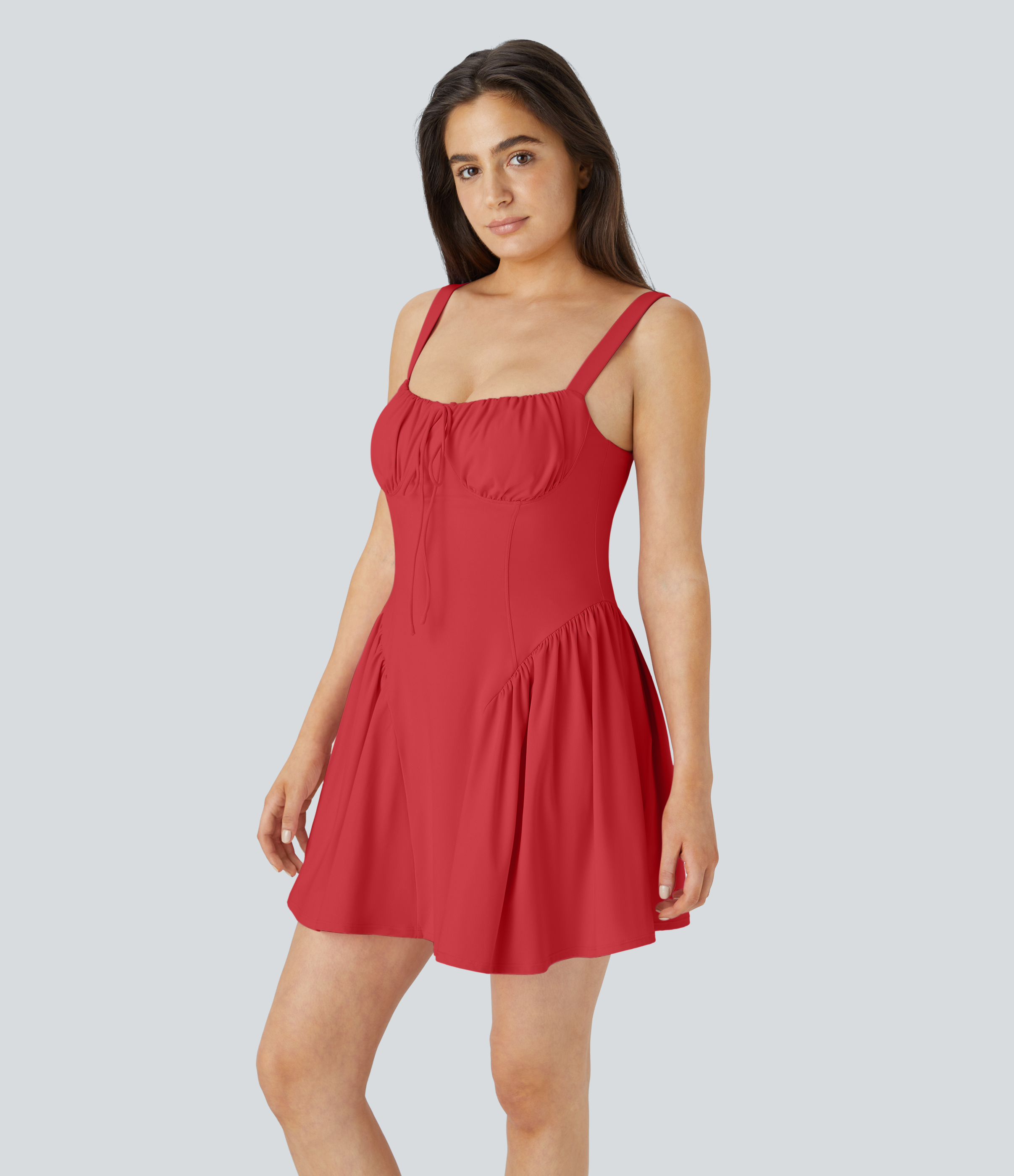 Halara Tie Front Backless 2-in-1 Pocket Mini Slip Dance Active Dress-Easy Peezy Edition Workout Dress - Salsa - M 
