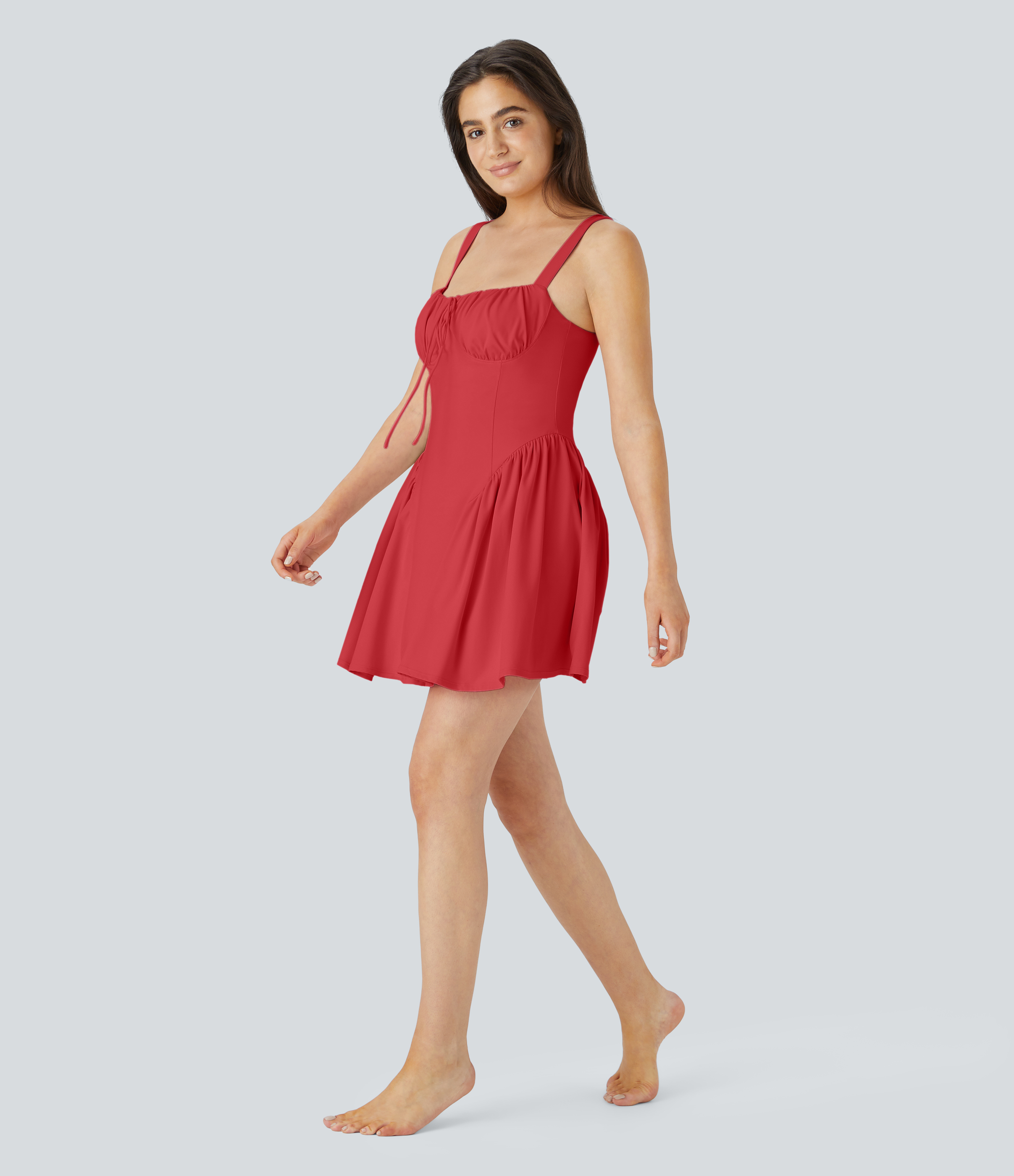Halara Tie Front Backless 2-in-1 Pocket Mini Slip Dance Active Dress-Easy Peezy Edition Workout Dress - Salsa - M 