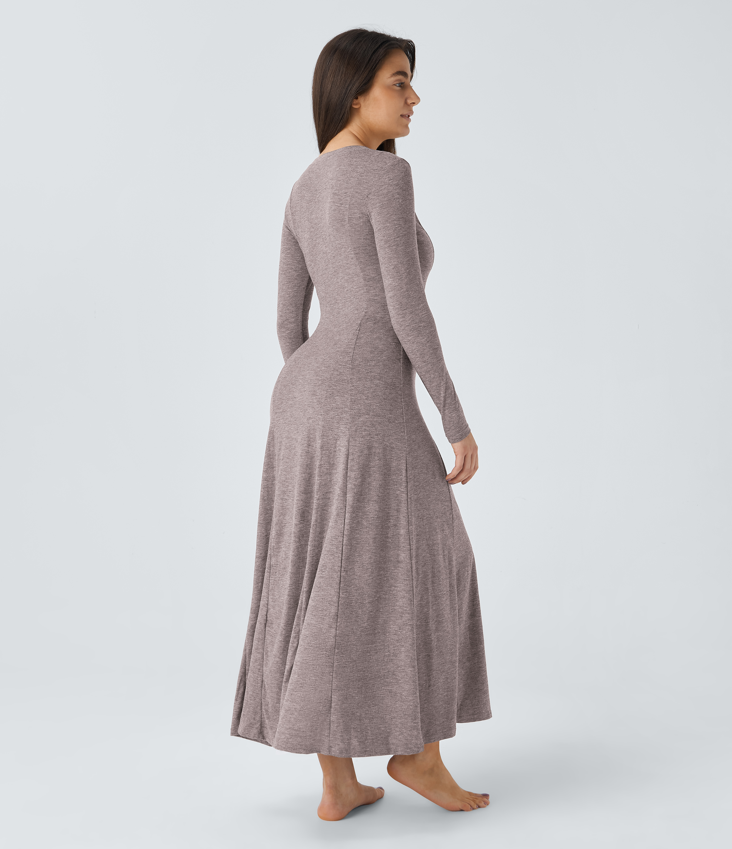 Halara Round Neck Button Long Sleeve Flare Maxi Casual Dress Casual Dress - Deep Tea Brown Floral Yarn - M slip dress beach dress 