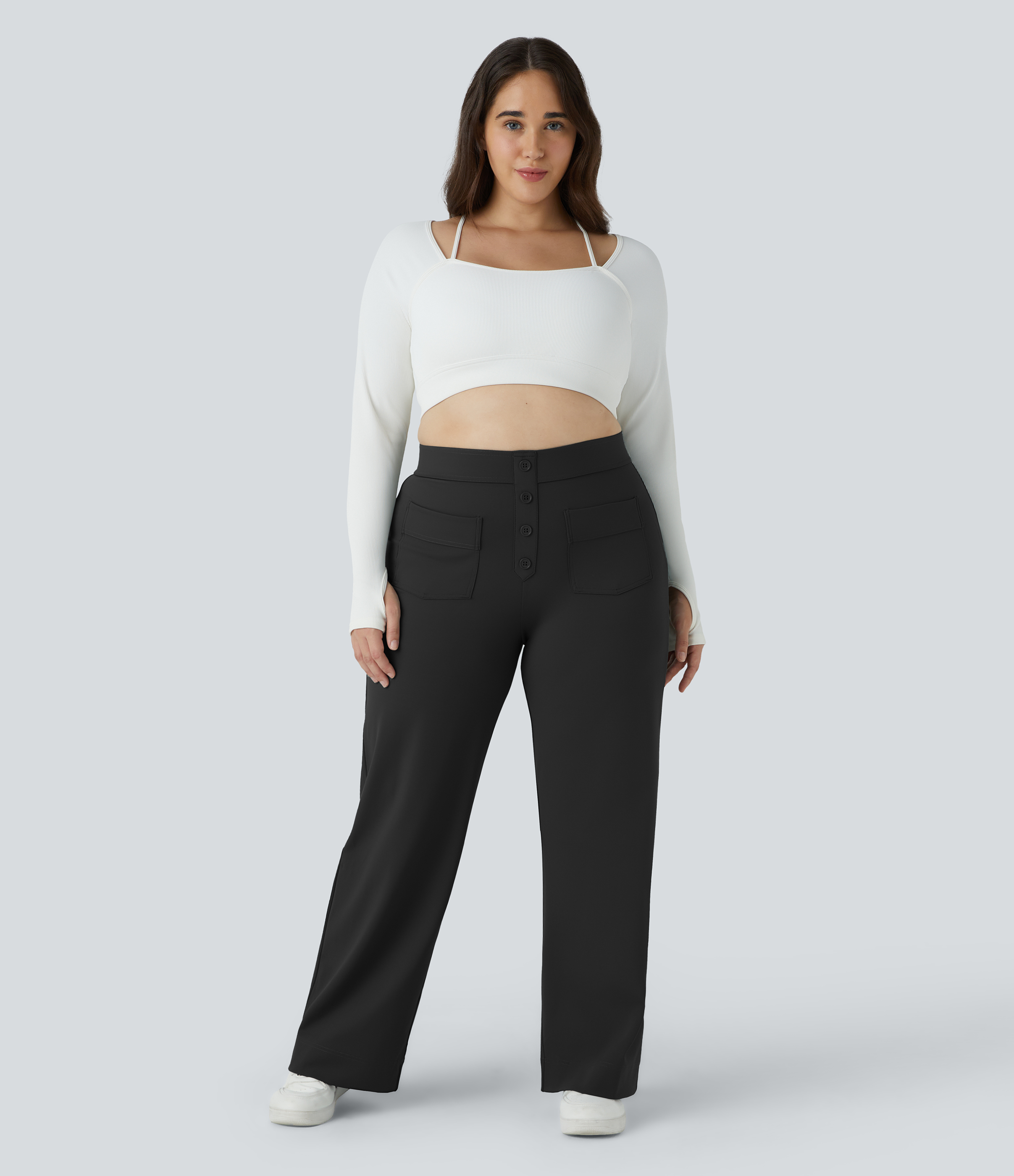 Halara High Waisted Button Multiple Pockets Straight Leg Casual Plus Size Pants  - Black - 3X 