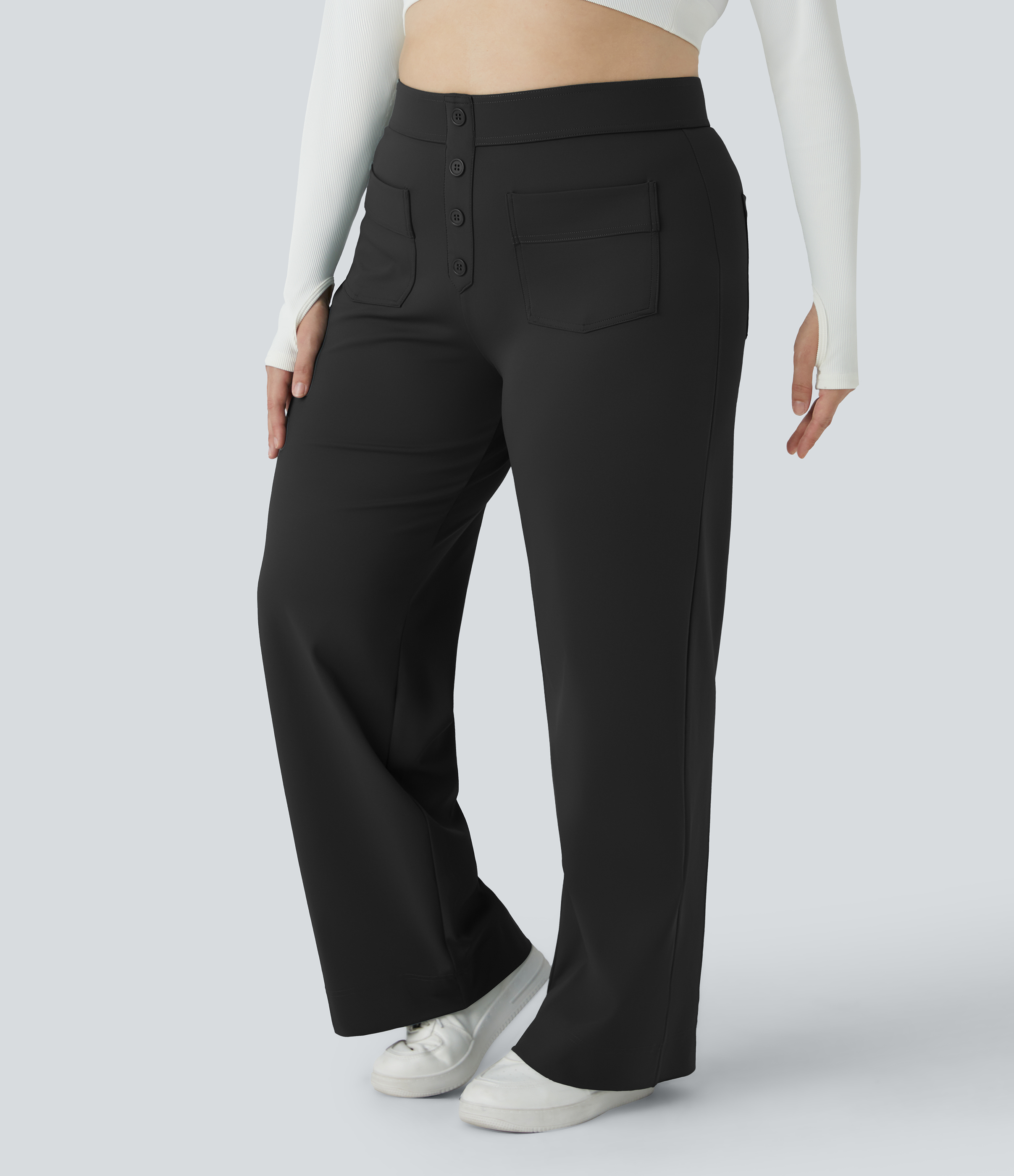 Halara High Waisted Button Multiple Pockets Straight Leg Casual Plus Size Pants  - Black - 3X 