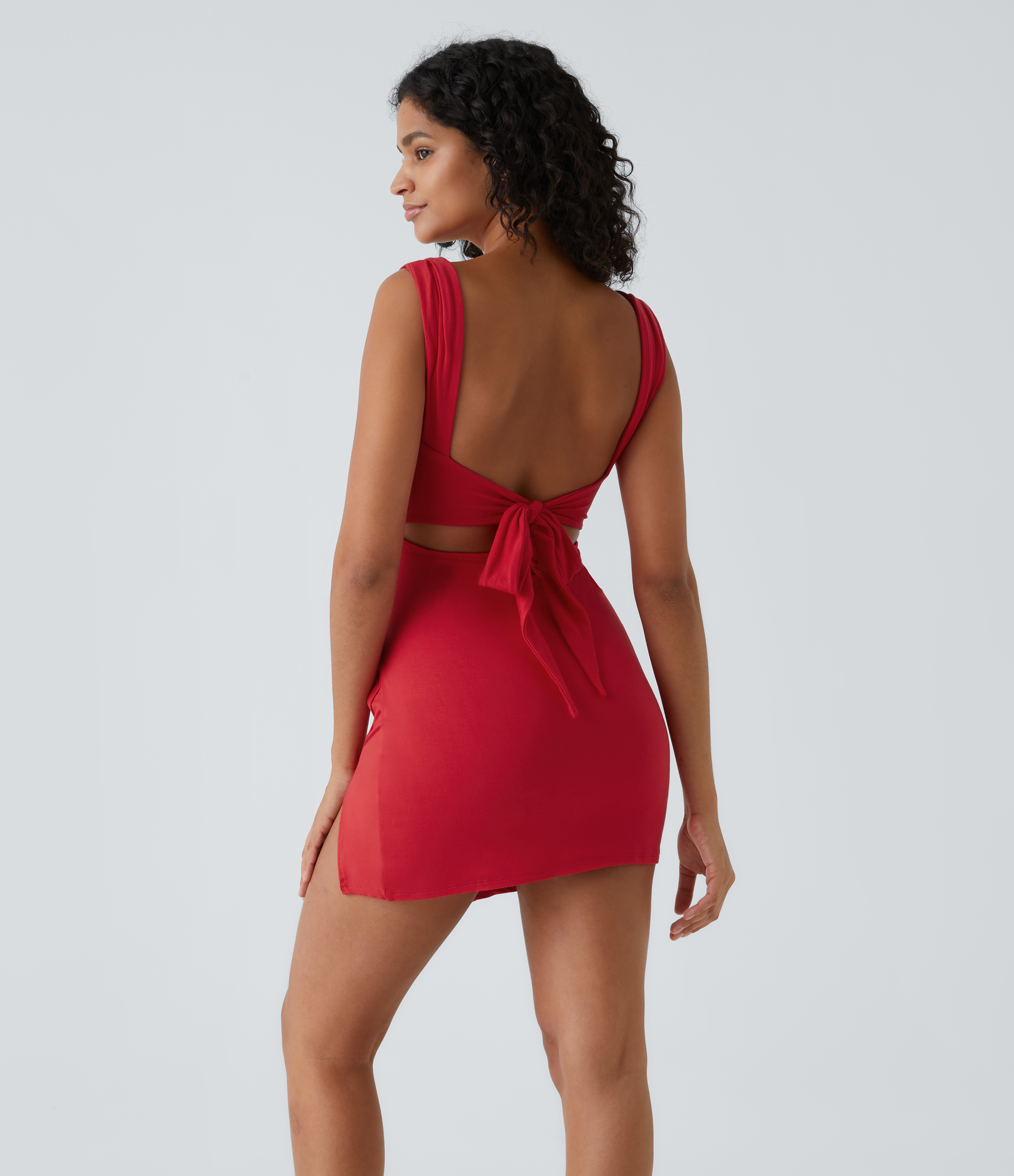 Halara Ruched Backless Tie Back Split Hem Bodycon Mini Casual Dress Casual Dress - True Red - XS slip dress beach dress ruched dress 