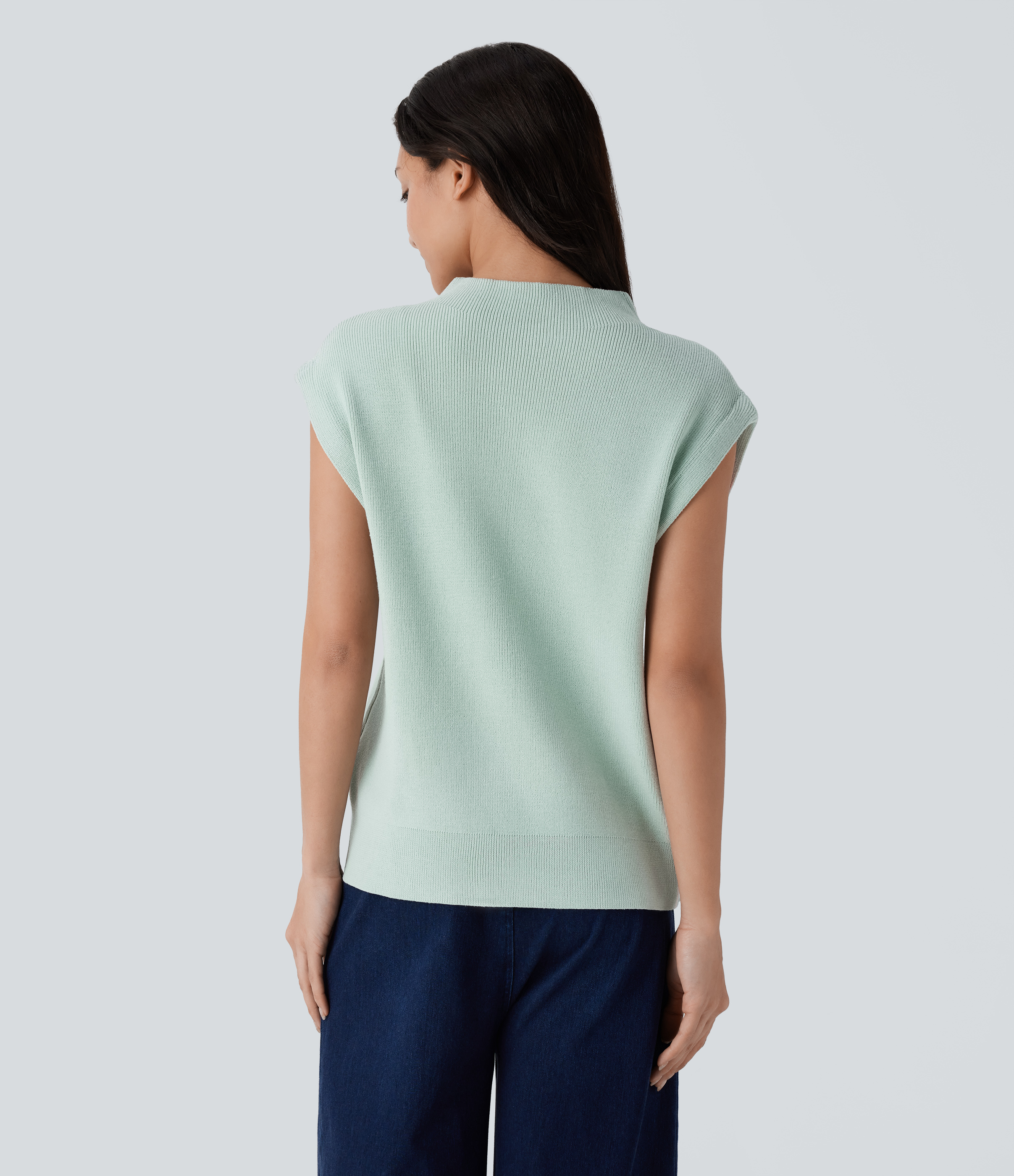 Halara Mock Neck Cap Sleeve Casual Sweater  - Silt Green - M 