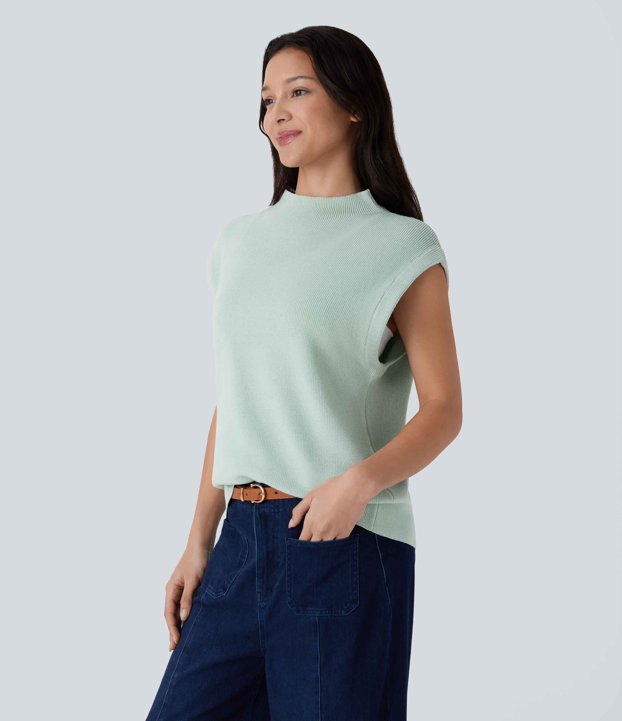 Halara Mock Neck Cap Sleeve Casual Sweater  - Silt Green - M 