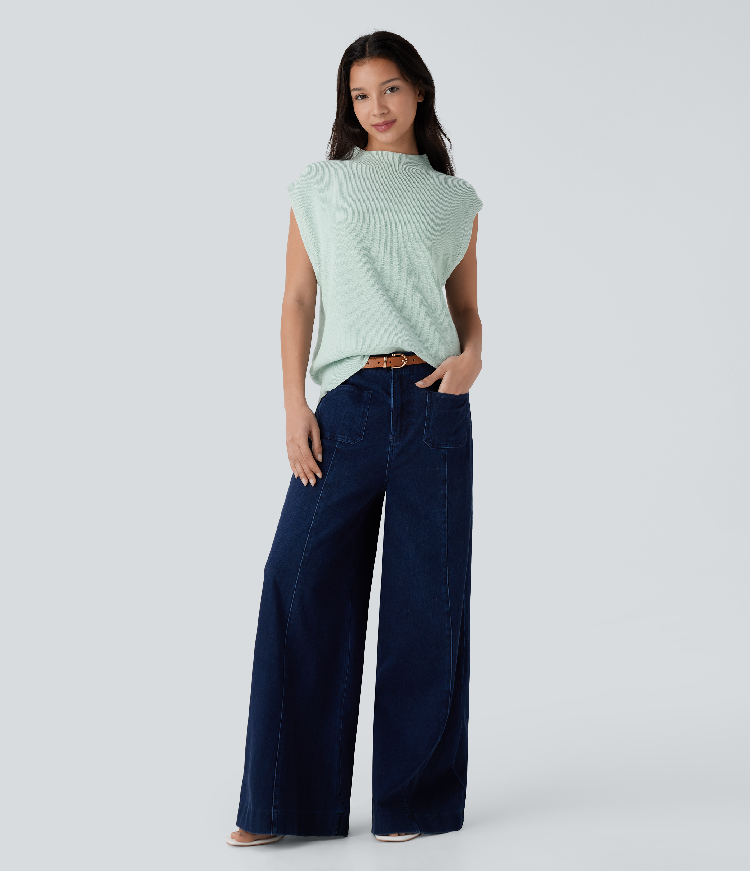 Halara Mock Neck Cap Sleeve Casual Sweater  - Silt Green - M 