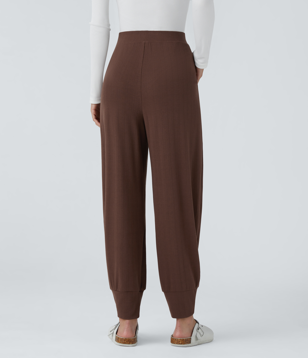 Halara Ribbed Knit High Waisted Plicated Side Pocket Casual Joggers  - Chocolate Fondant - S(regular) 