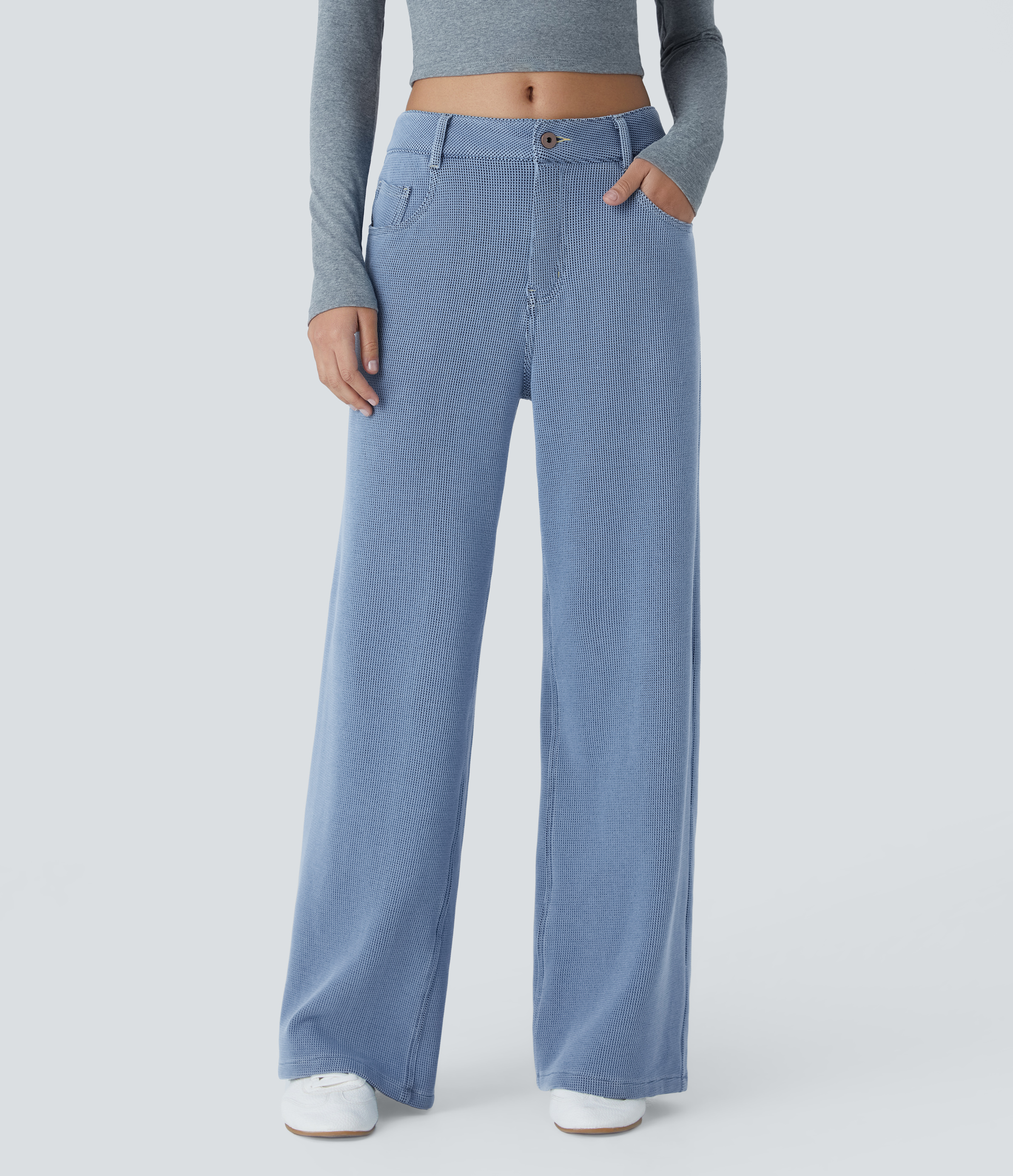 Jeans Halara Flex™ Denim pierna ancha tiro bajo cierre botón múltiple bolsillo elástico gofre