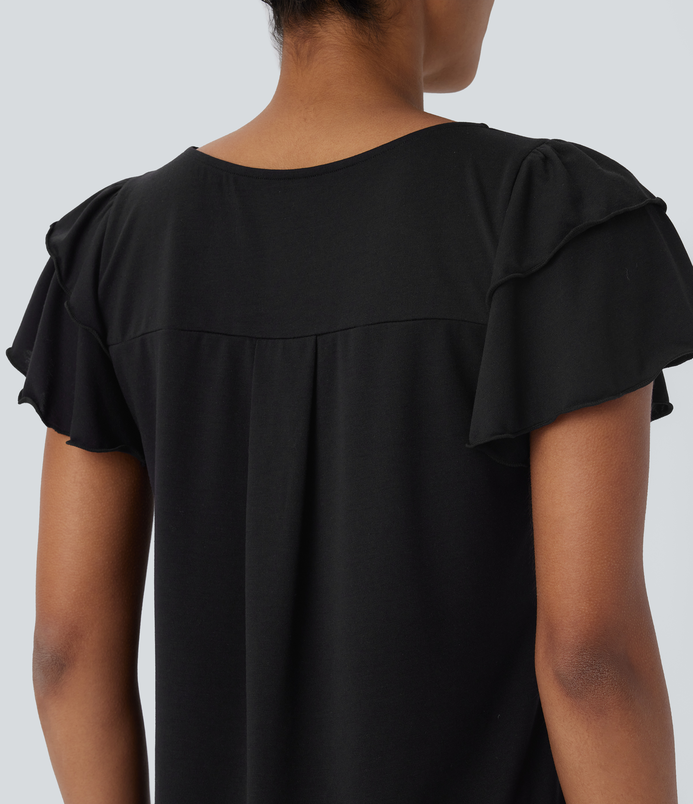 Halara Boat Neck Ruffle Short Sleeve Casual Top Tank Top - Black - S golf tops halter top tunic tops sleeveless tops backless top 