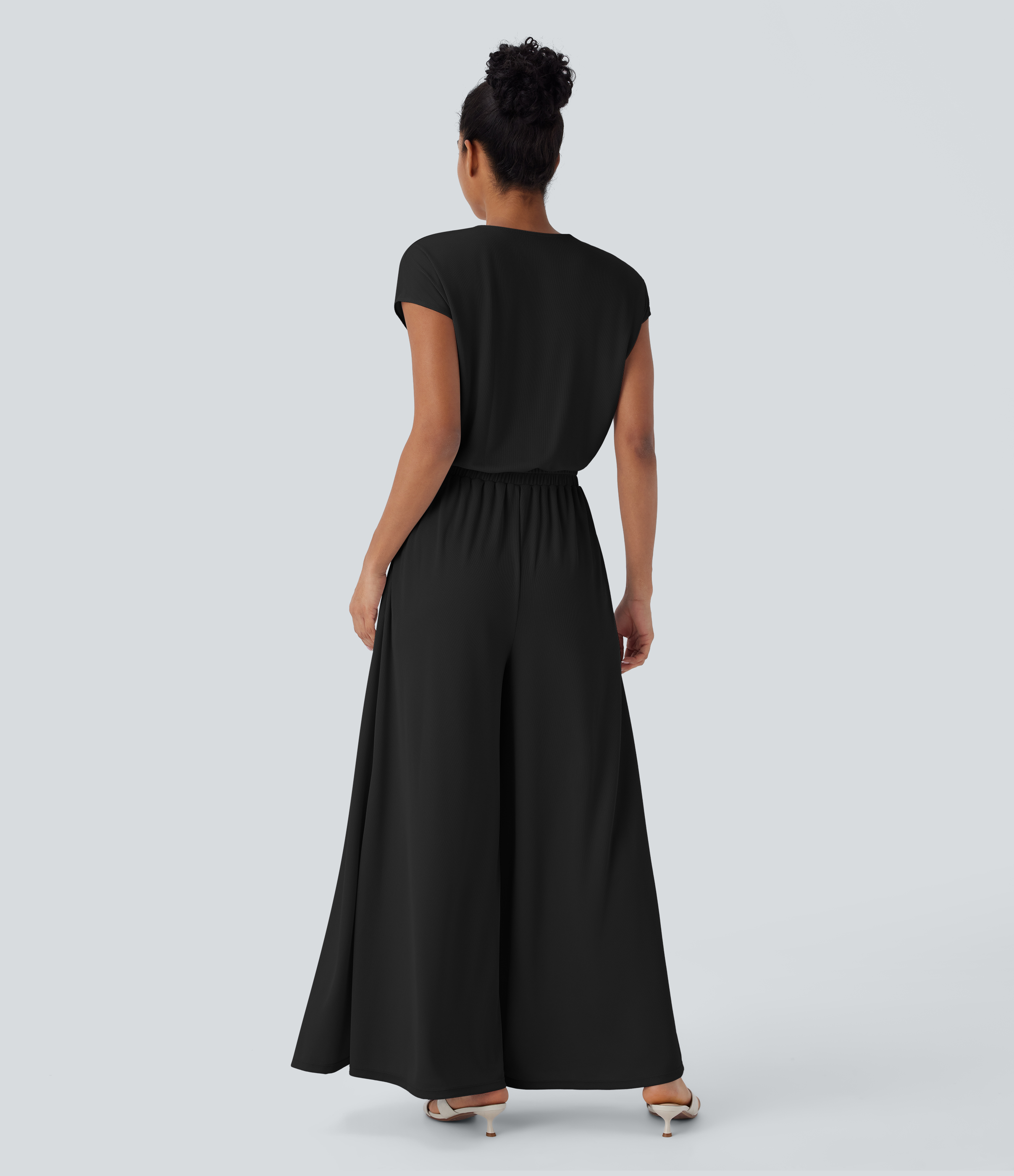Black V Neck Short Sleeve Pocket Wide Leg Flowy Waffle Casual Jumpsuit-Easy Peezy Edition / 2