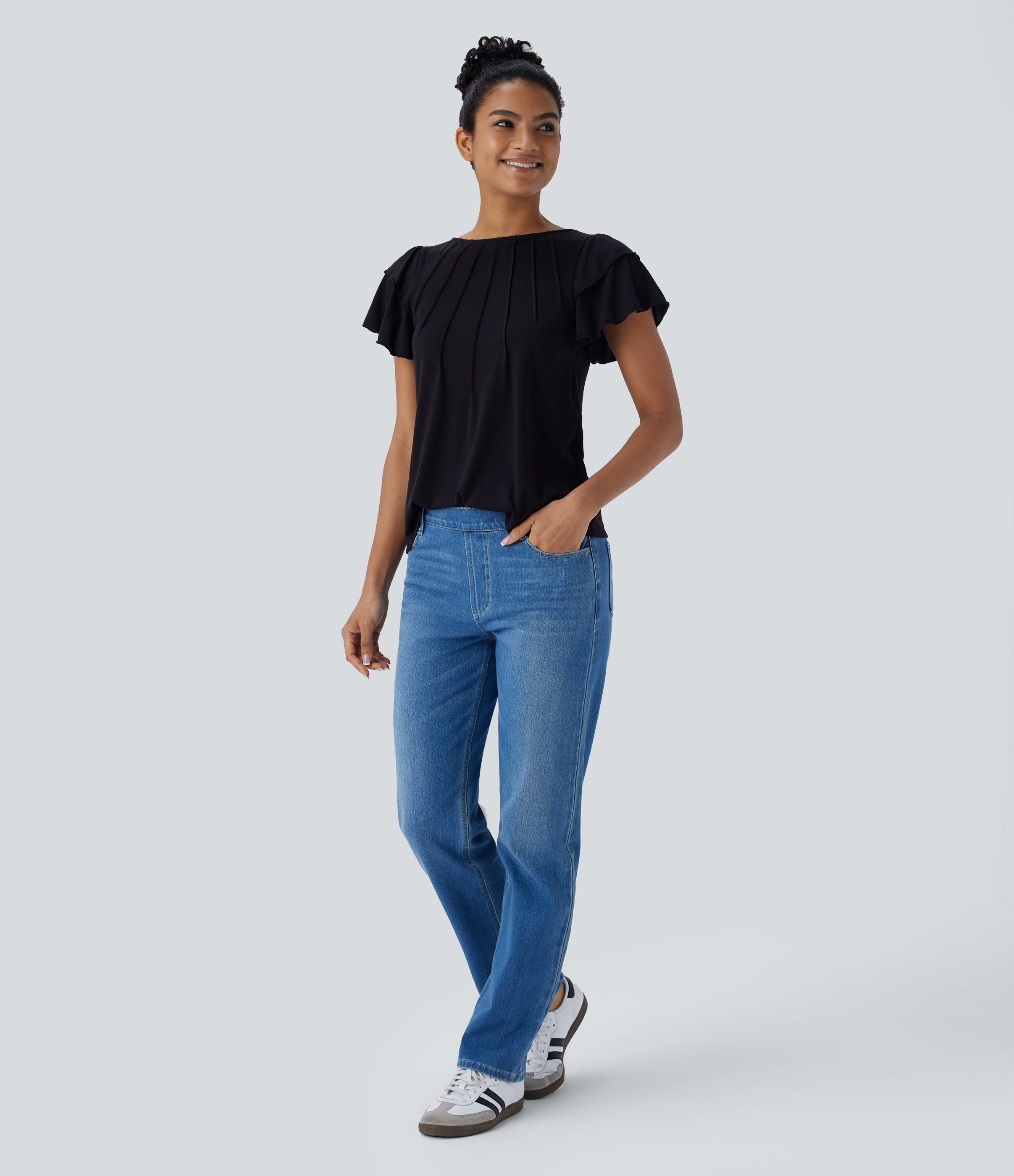 Halara Boat Neck Ruffle Short Sleeve Casual Top Tank Top - Black - S golf tops halter top tunic tops sleeveless tops backless top 