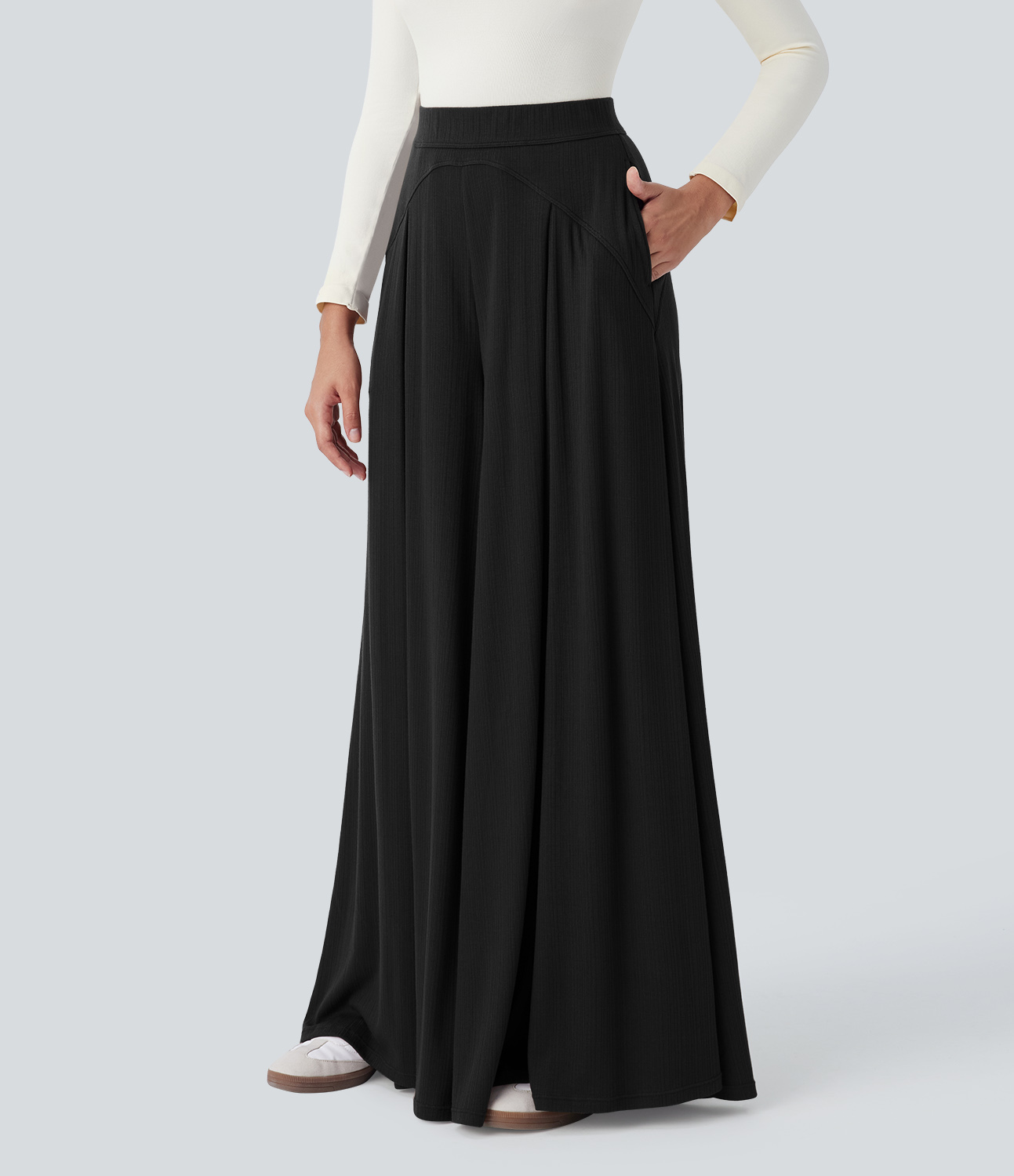 Halara Ribbed Knit Super High Waisted Side Pocket Wide Leg Palazzo Casual Pants  - Black - S(regular) sweatpants jogger pants 