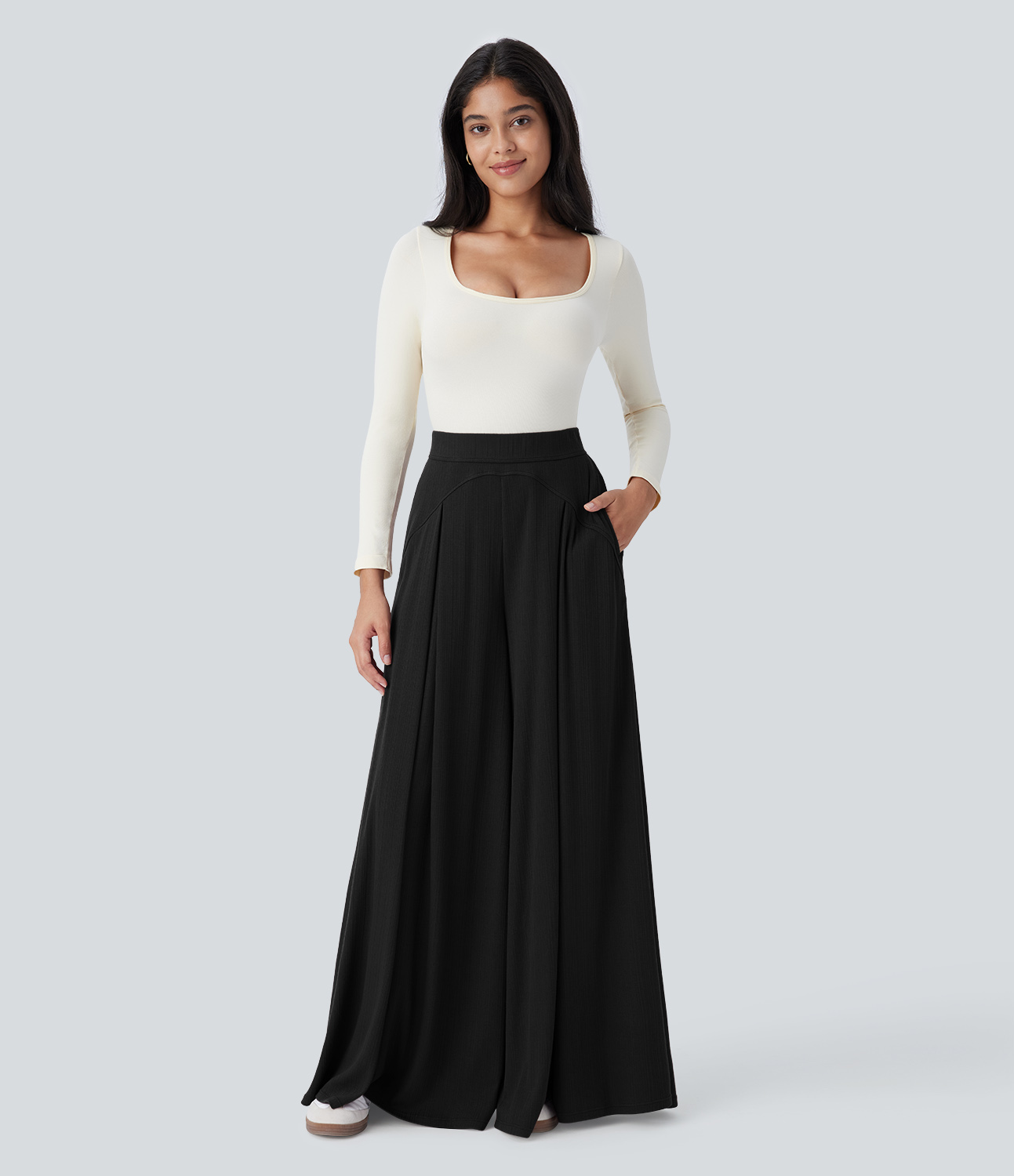 Halara Ribbed Knit Super High Waisted Side Pocket Wide Leg Palazzo Casual Pants  - Black - S(regular) sweatpants jogger pants 