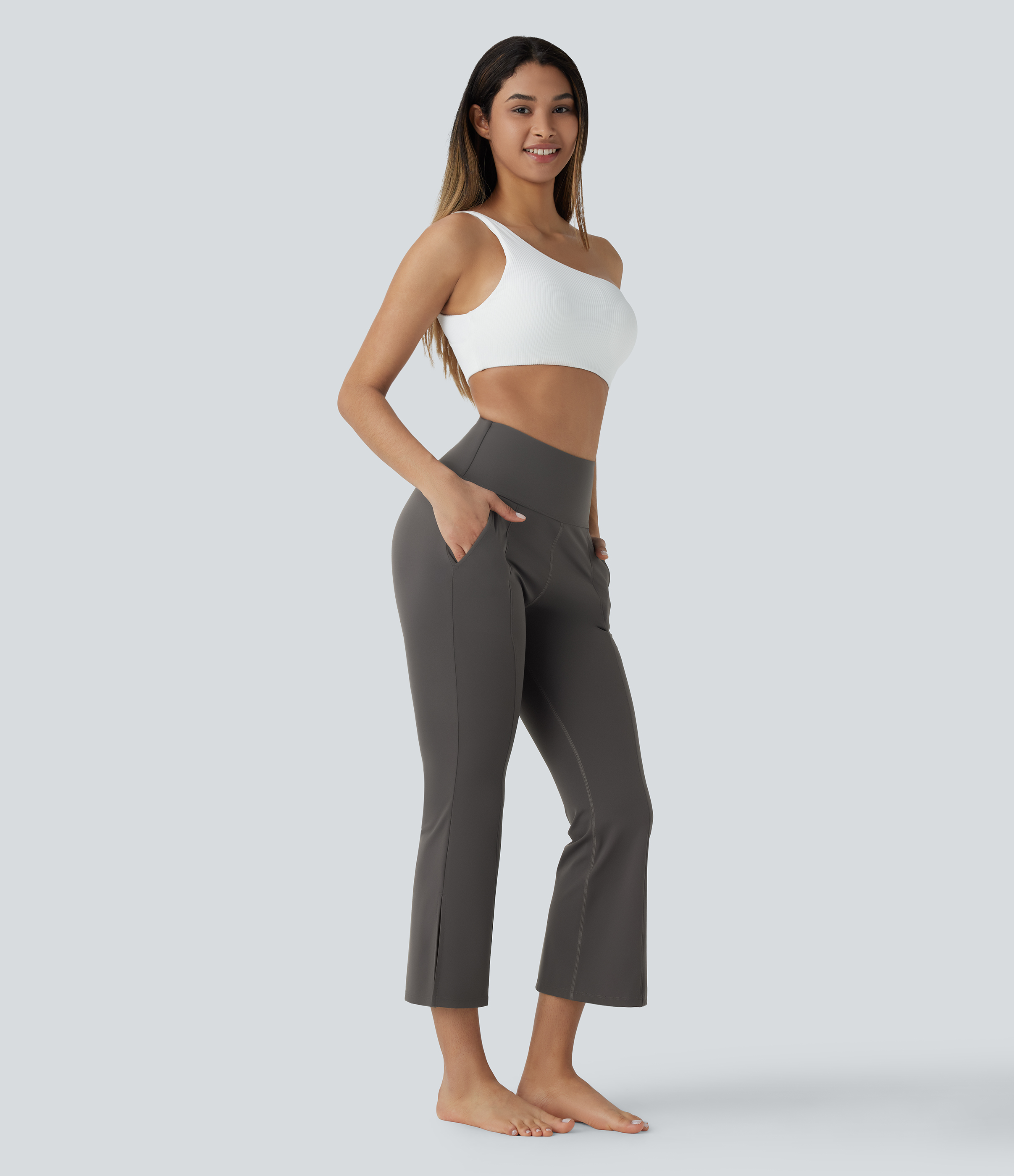 Halara High Waisted Side Pocket Split Capri Yoga Slight Flare Leggings  - Dark Grey - S(regular) gym leggings leggings with pockets 