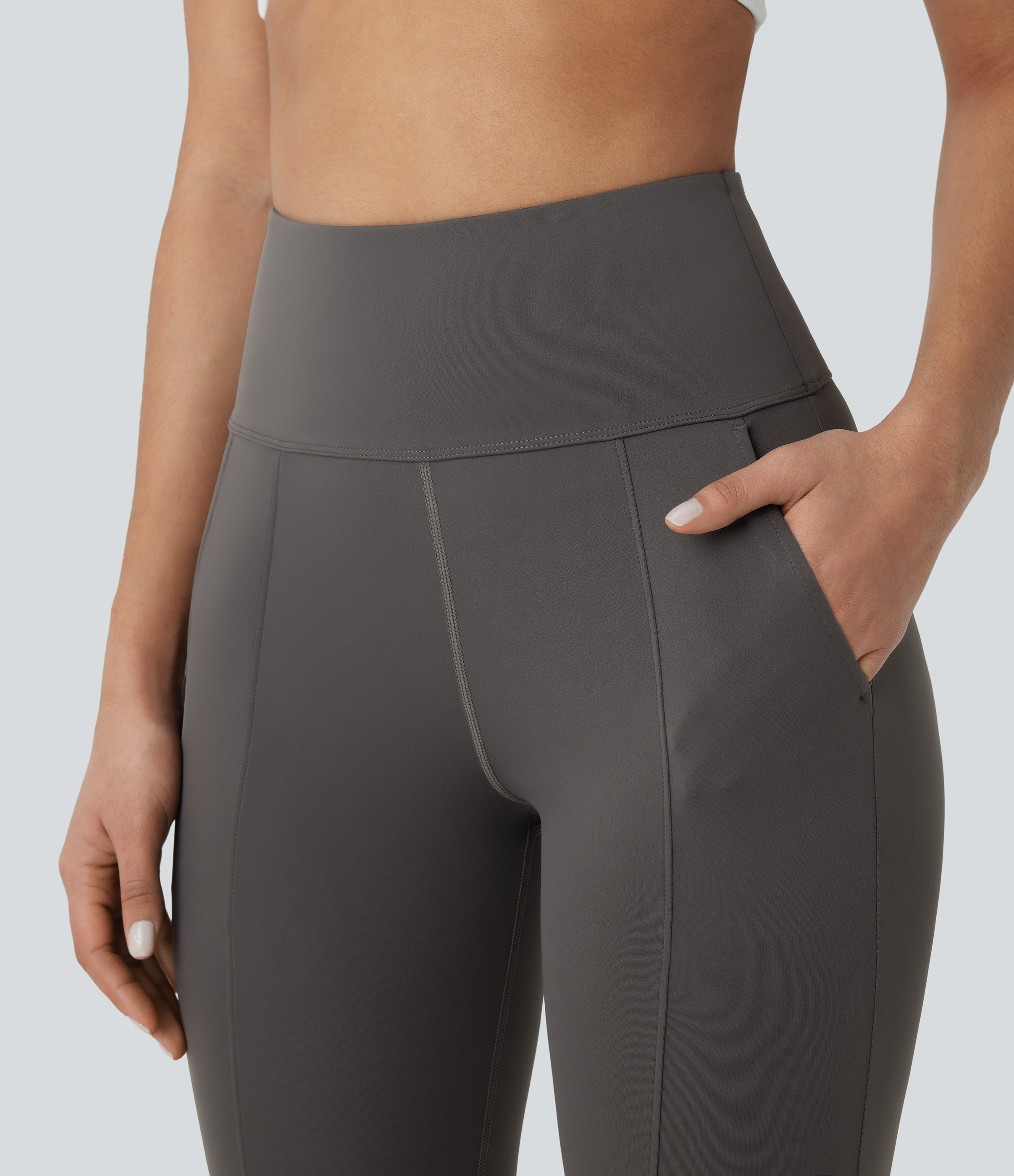 Halara High Waisted Side Pocket Split Capri Yoga Slight Flare Leggings  - Dark Grey - S(regular) gym leggings leggings with pockets 