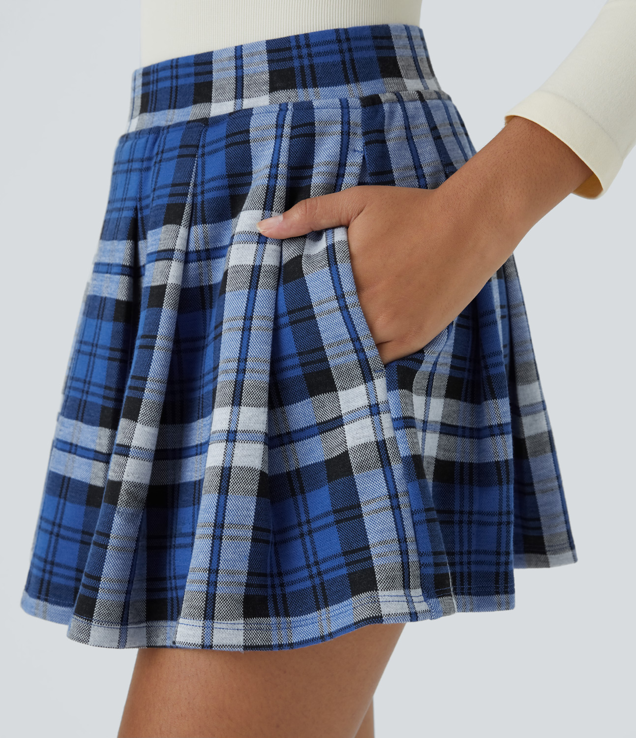 Halara High Waisted Side Pocket 2-in-1 Plaid Pleated Mini Casual Skirt  - Rock Blue Plaid - L(regular) 